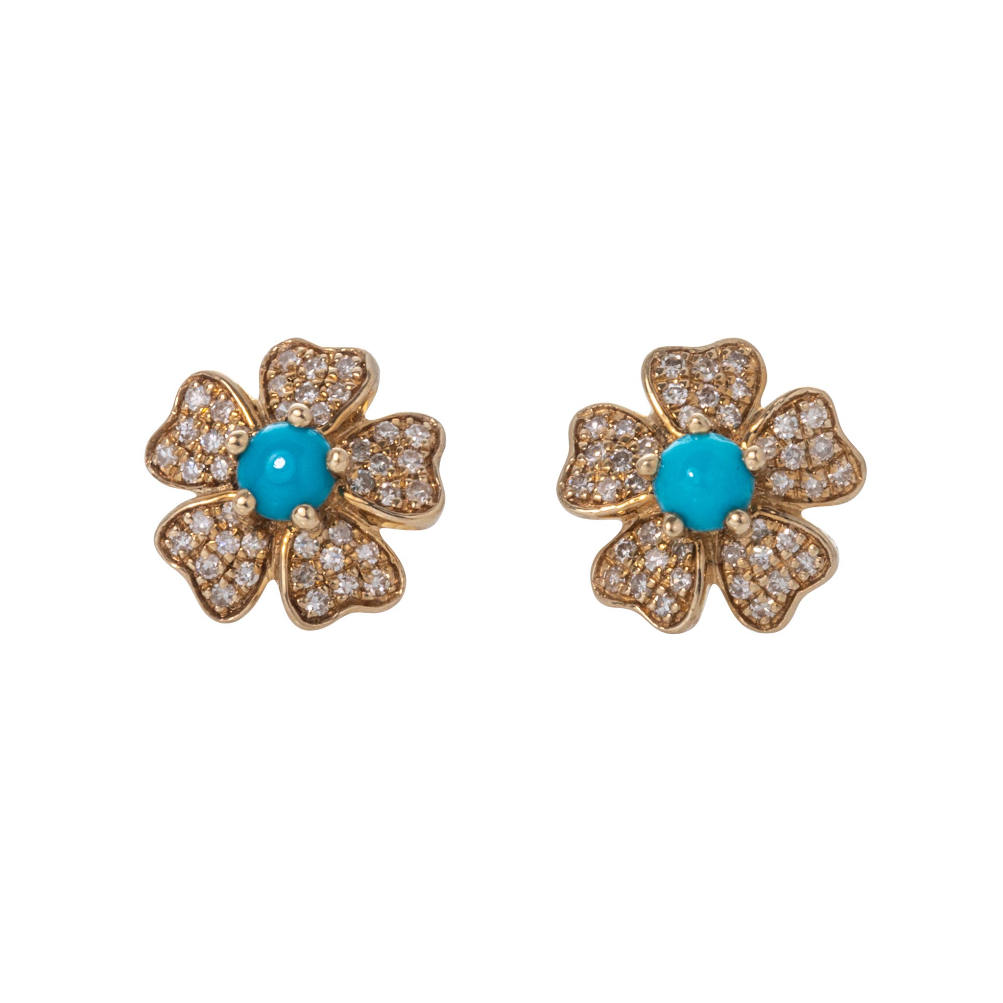 Turquoise & Diamond Pavé 14K Gold Flower Stud Earrings
