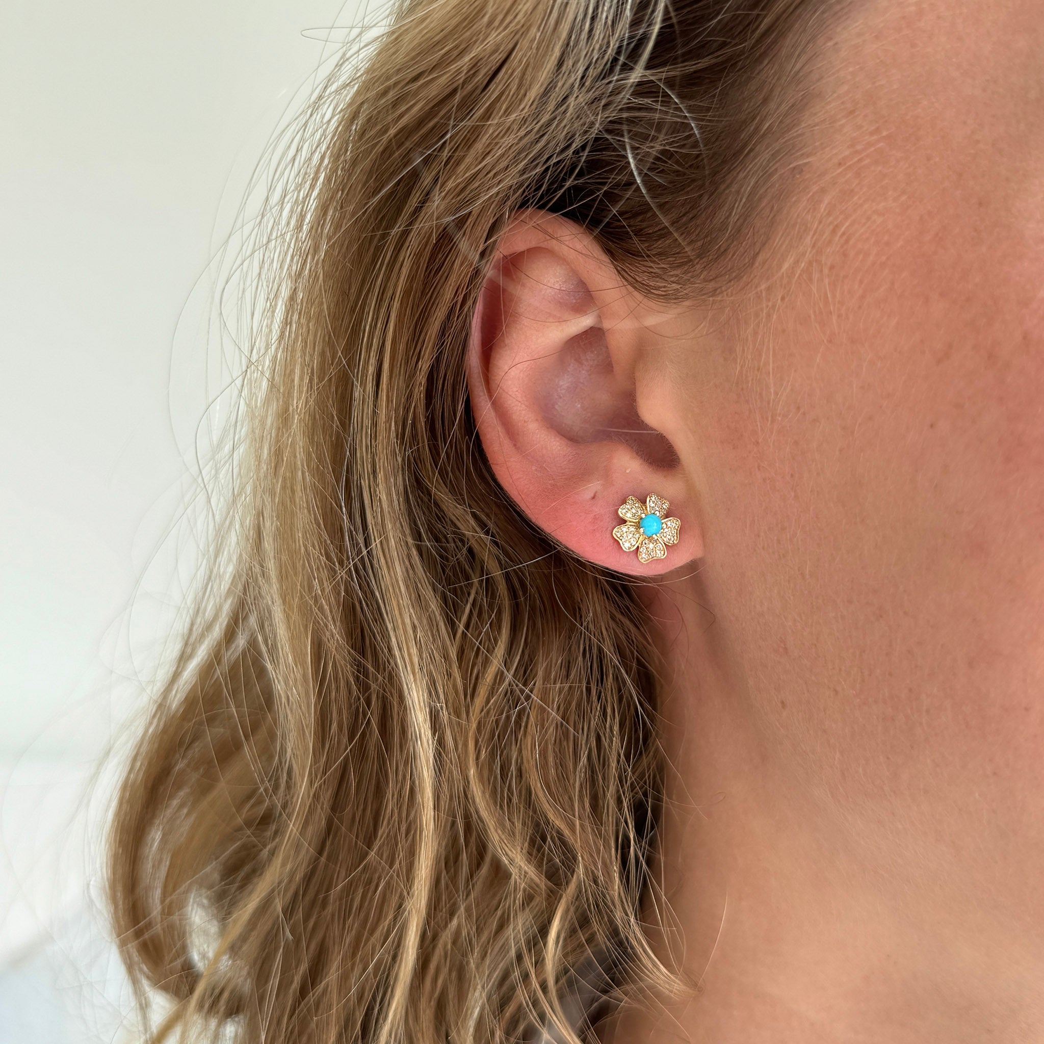 Turquoise & Diamond Pavé 14K Gold Flower Stud Earrings