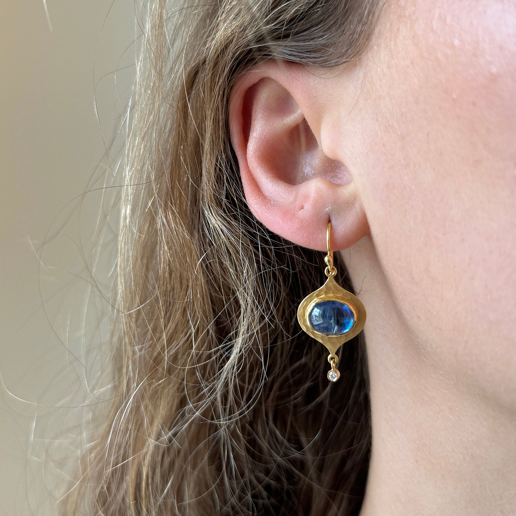 Oval Cabochon Kyanite & Diamond 14K Yellow Gold Drop Earrings