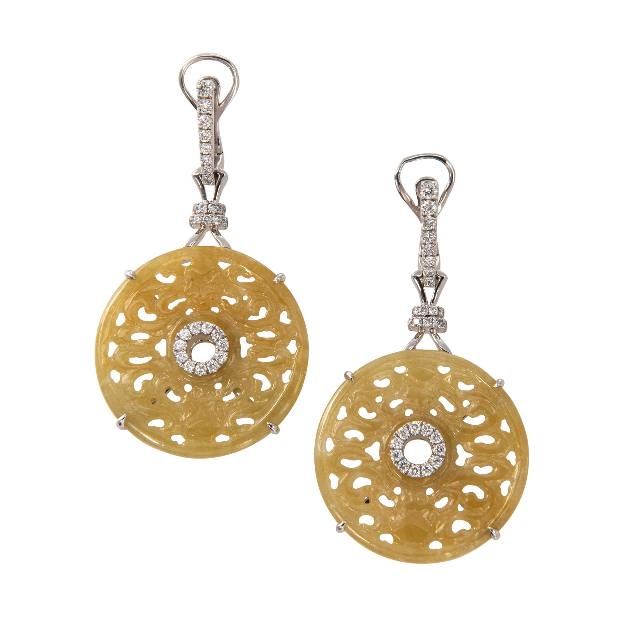 Diamond & Carved Yellow Jadeite 18K Gold Drop Earrings