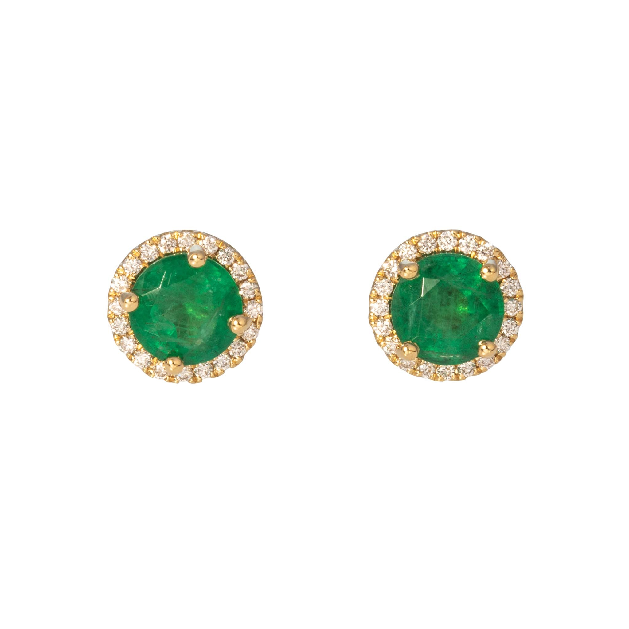 .91ctw Round Emerald & Diamond Halo 18K Yellow Gold Stud Earrings