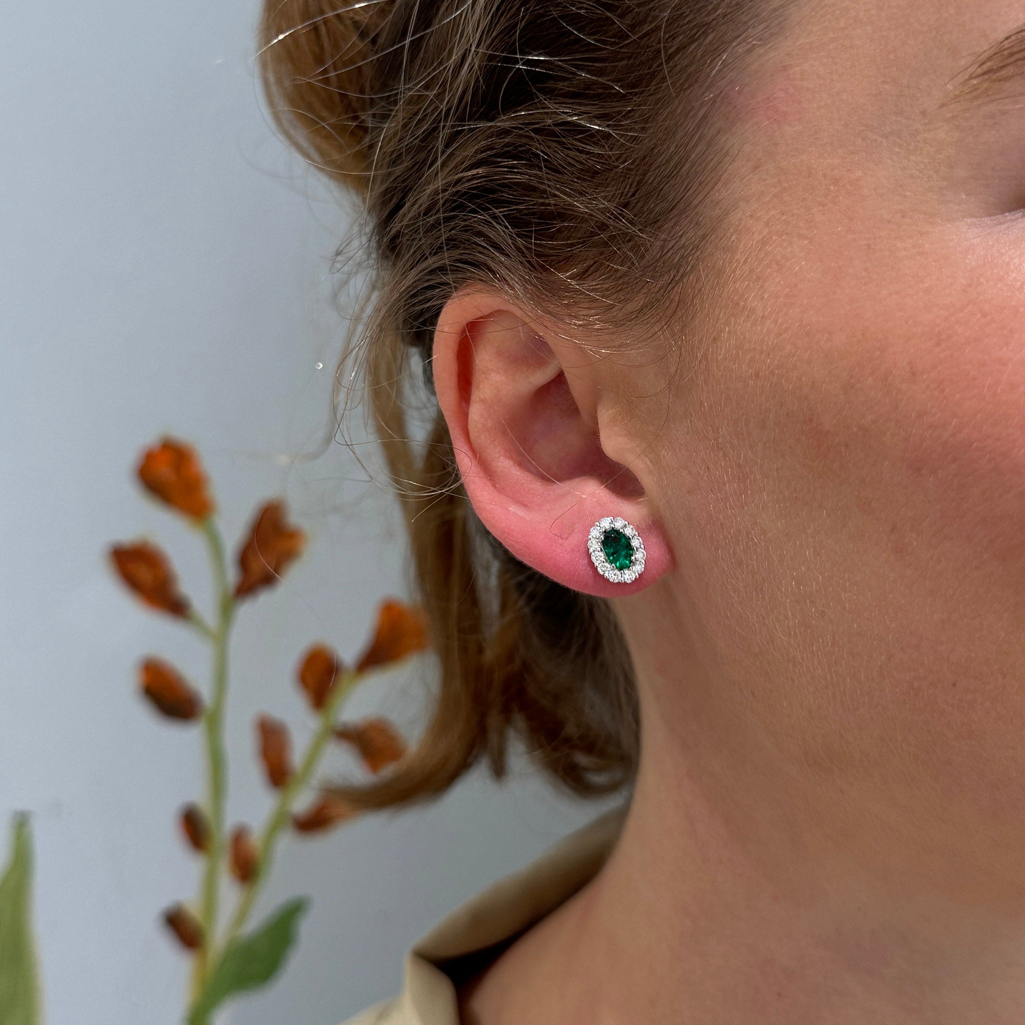 Oval Emerald & Diamond Cluster 18K White Gold Stud Earrings