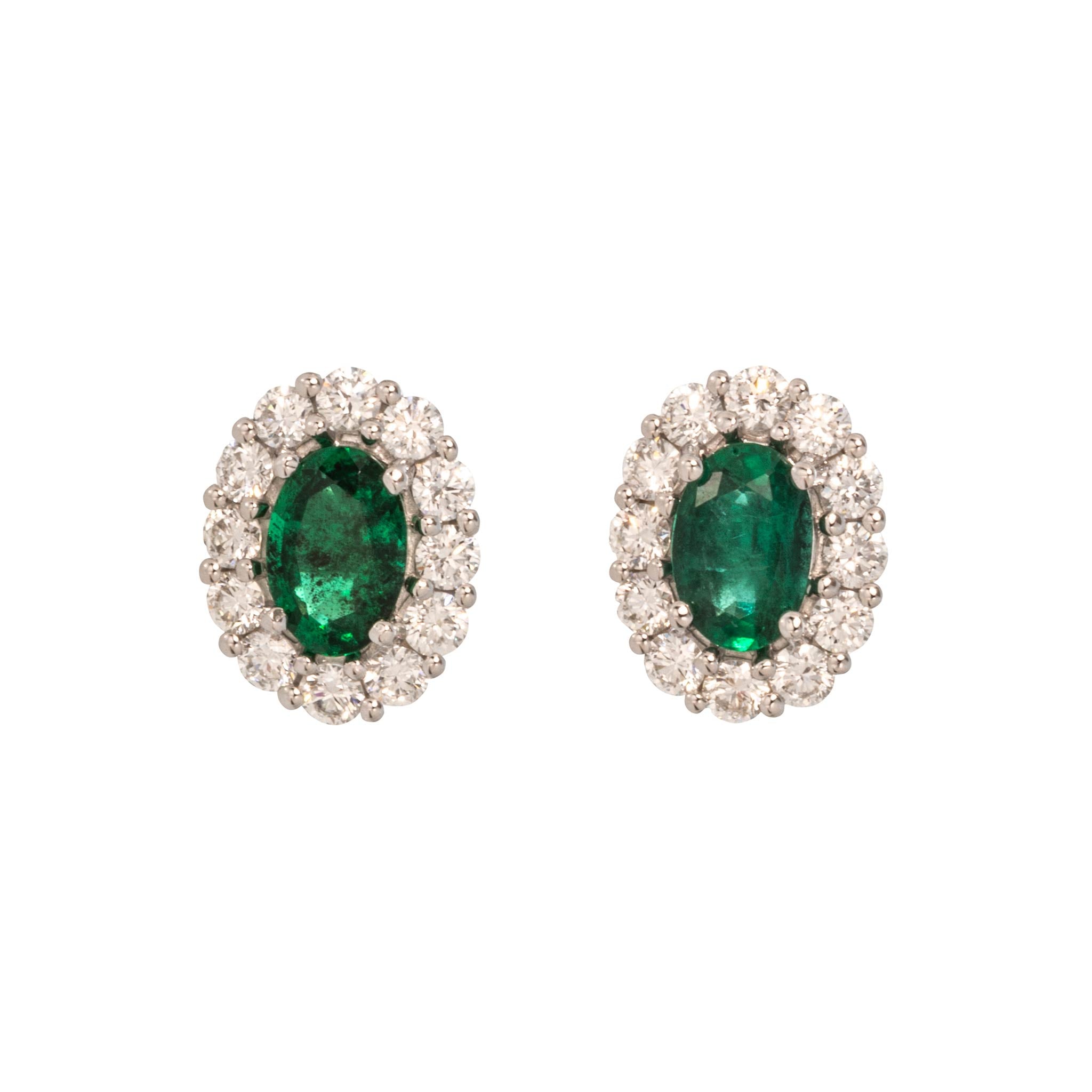 Oval Emerald & Diamond Cluster 18K White Gold Stud Earrings