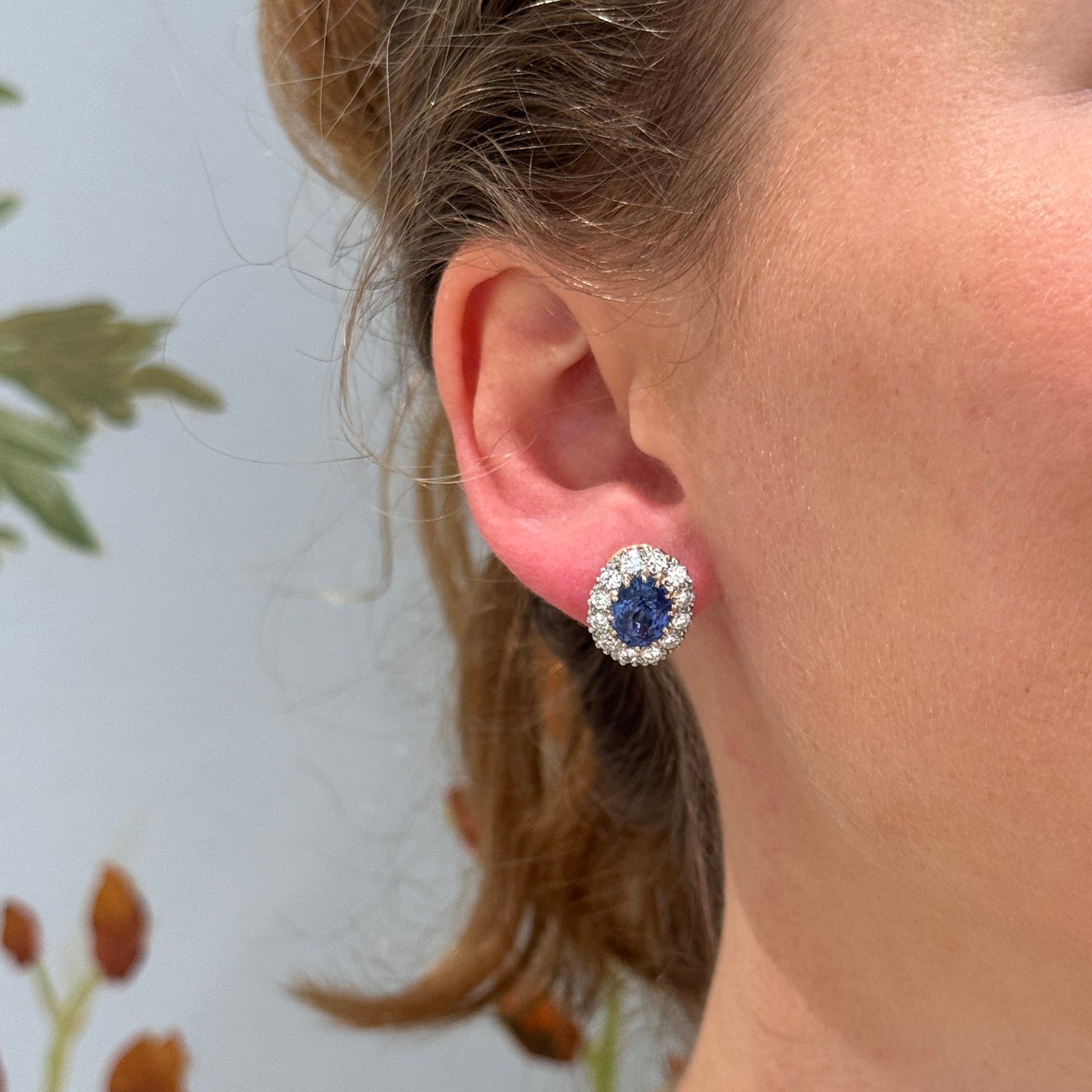 Victorian-Style Oval Sapphire & Diamond Cluster Earrings