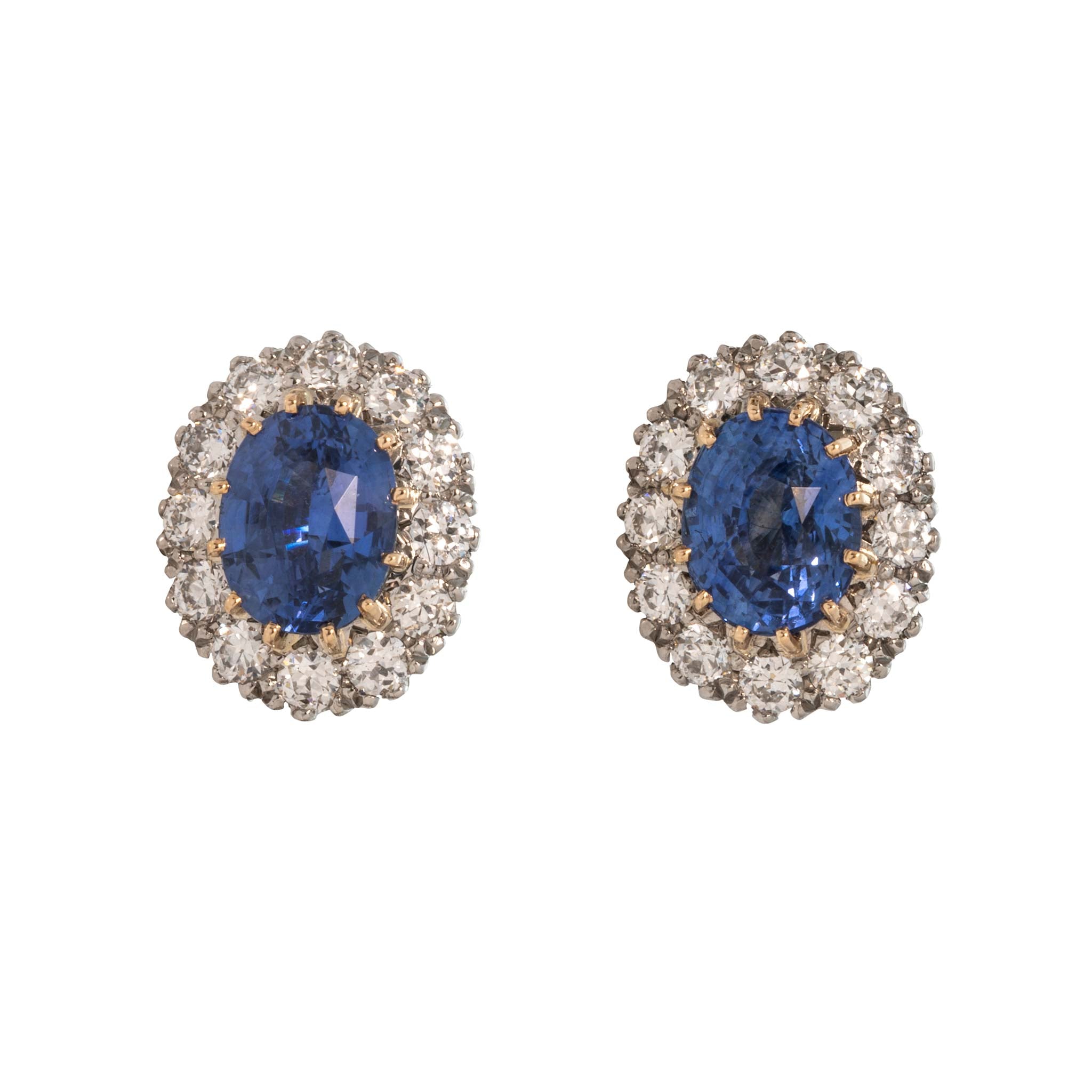 Victorian-Style Oval Sapphire & Diamond Cluster Earrings