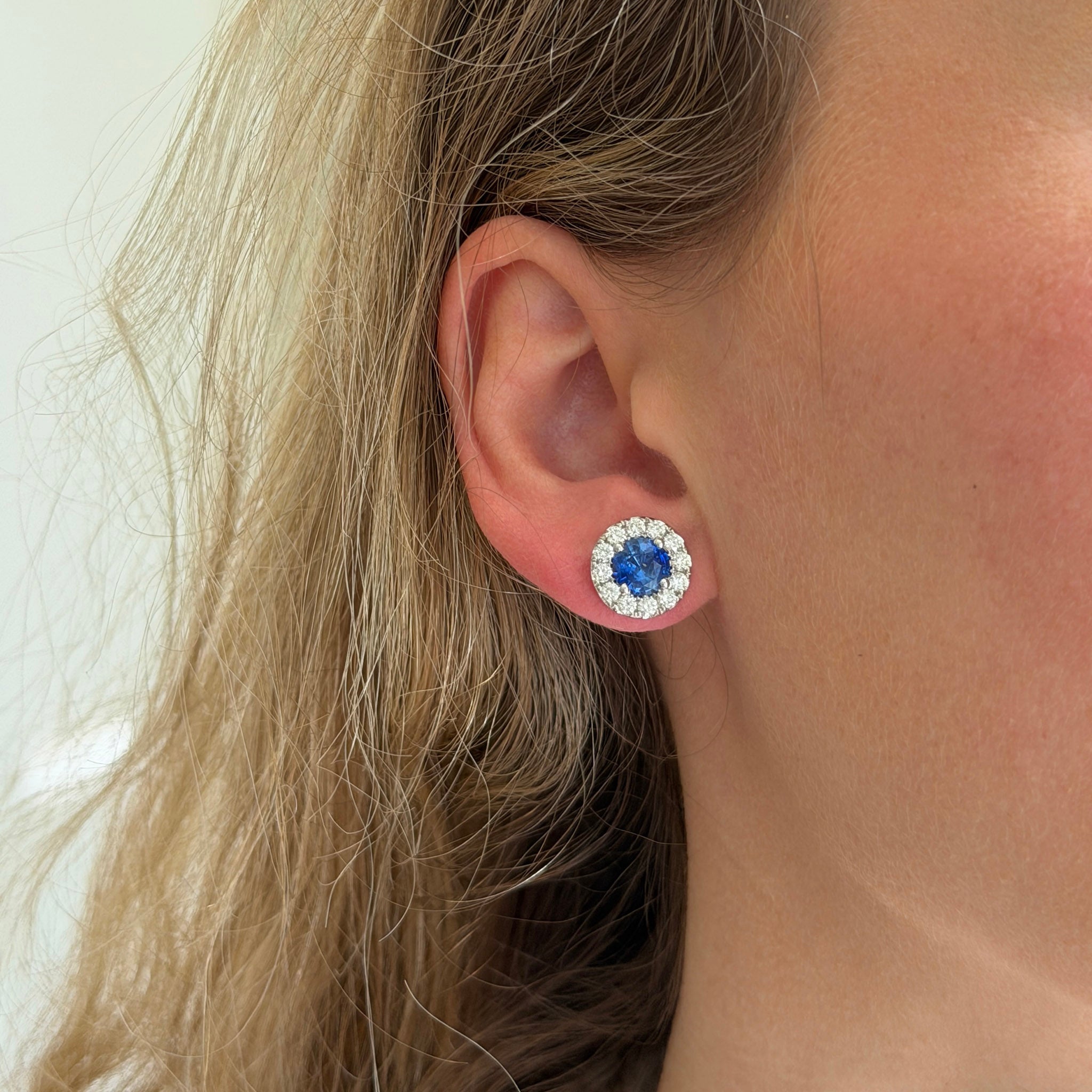 2.43ct Round Sapphire & Diamond Cluster 18K Gold Stud Earrings