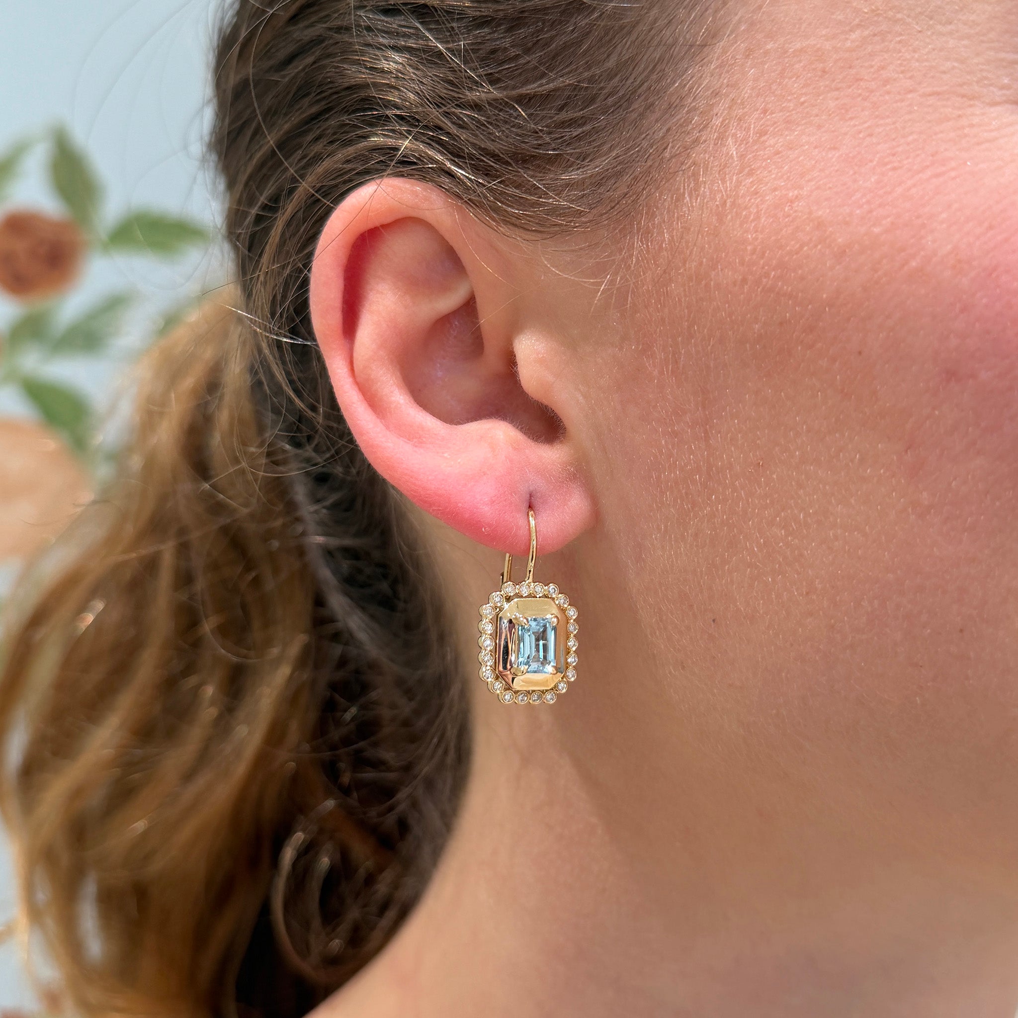 Emerald-Cut Blue Topaz & Diamond 14K Yellow Gold Earrings