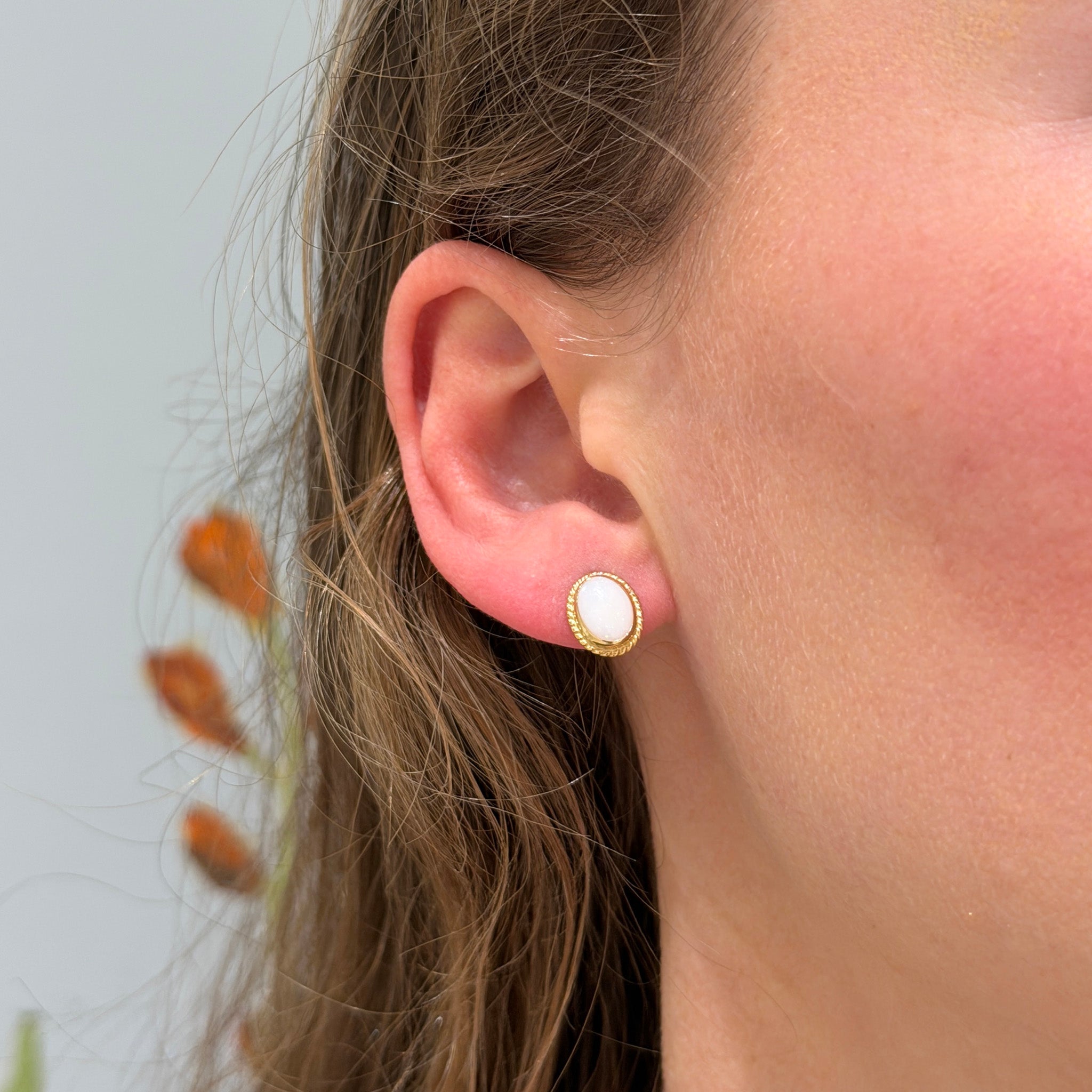 Cabochon Opal 14K Gold Rope Twist Stud Earrings