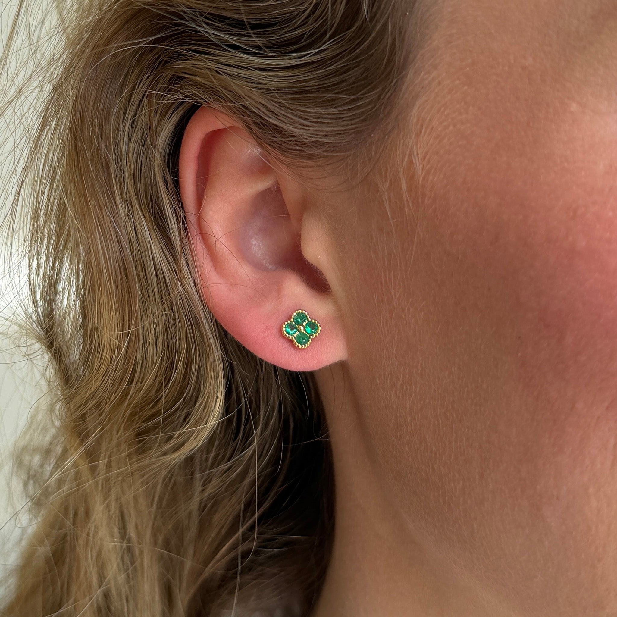 Emerald 18K Yellow Gold Beaded Clover Stud Earrings