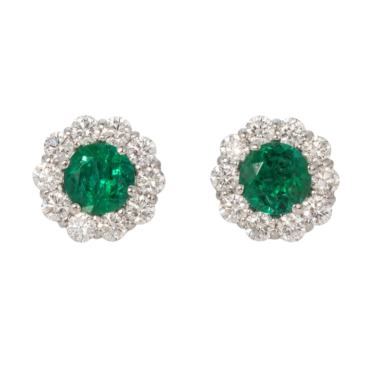 1.85ctw Round Emerald & Diamond Cluster 18K Gold Stud Earrings