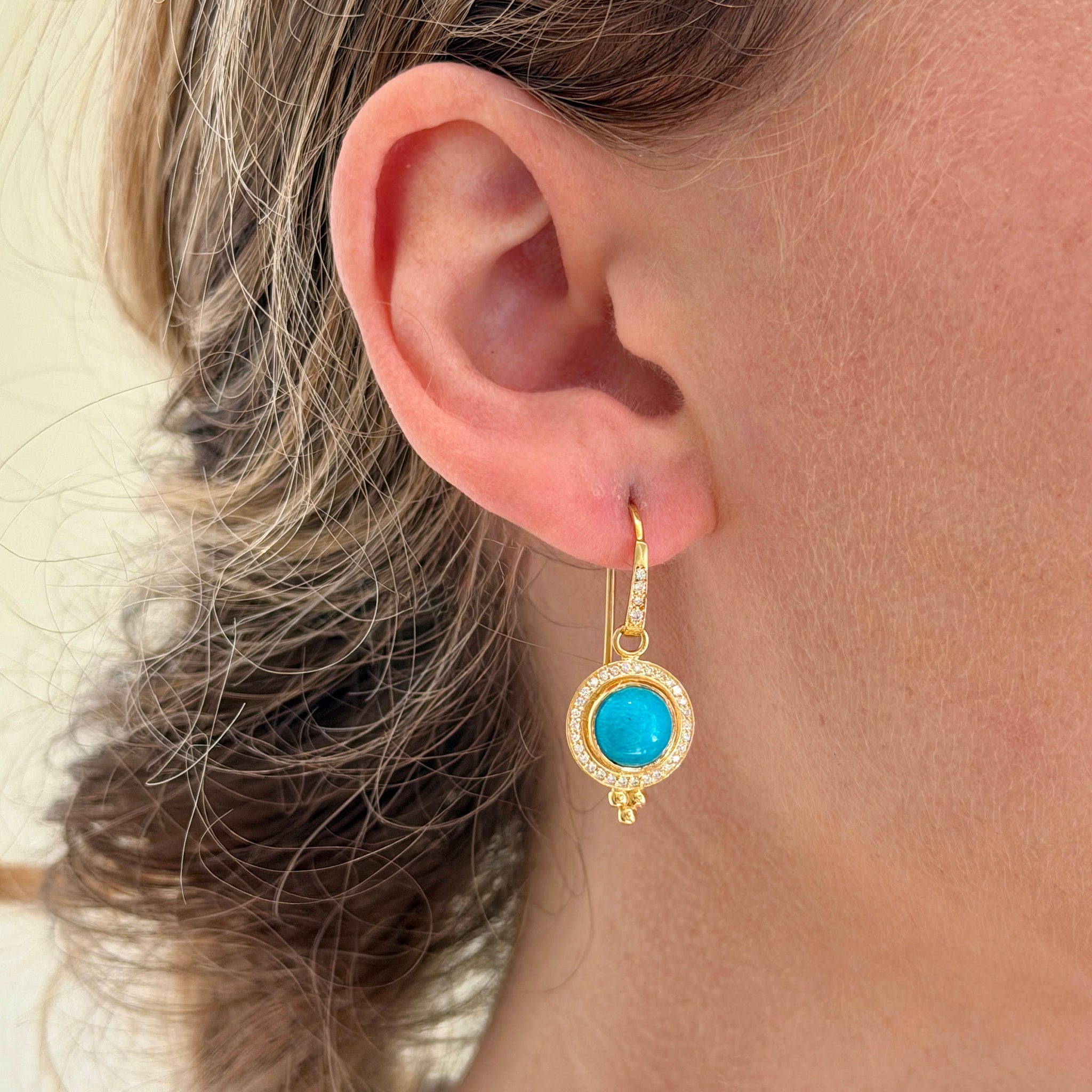 Turquoise & Diamond Halo 14K Yellow Gold Drop Earrings