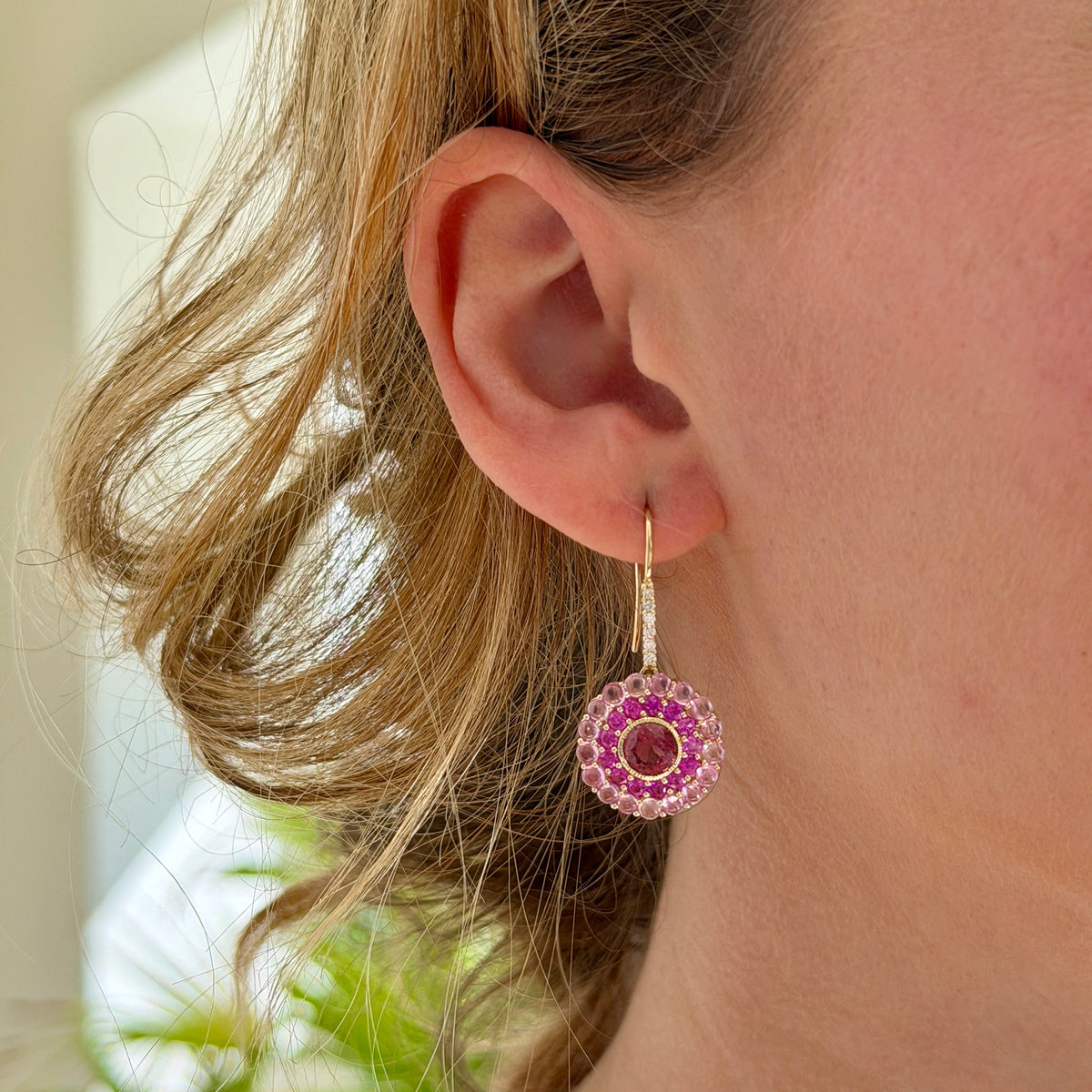 Pink Tourmaline & Pink Sapphire 14K Yellow Gold Drop Earrings