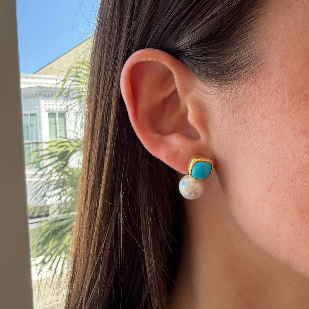 Mazza Cushion Turquoise & Pearl 14K Yellow Gold Earrings