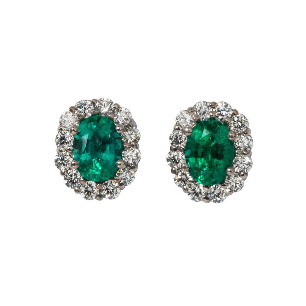1.57ctw Oval Emerald & Diamond Cluster 18K Gold Stud Earrings
