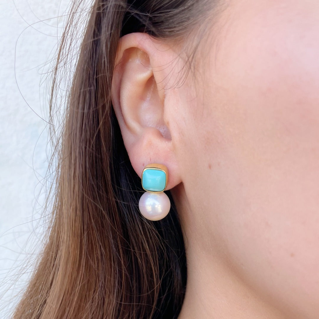 Mazza Cushion Turquoise & Pearl 14K Yellow Gold Earrings