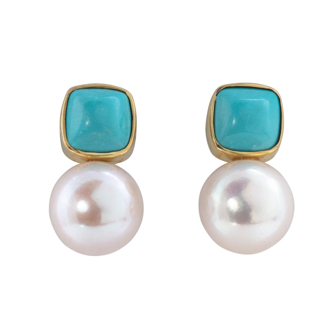Mazza Cushion Turquoise & Pearl 14K Yellow Gold Earrings