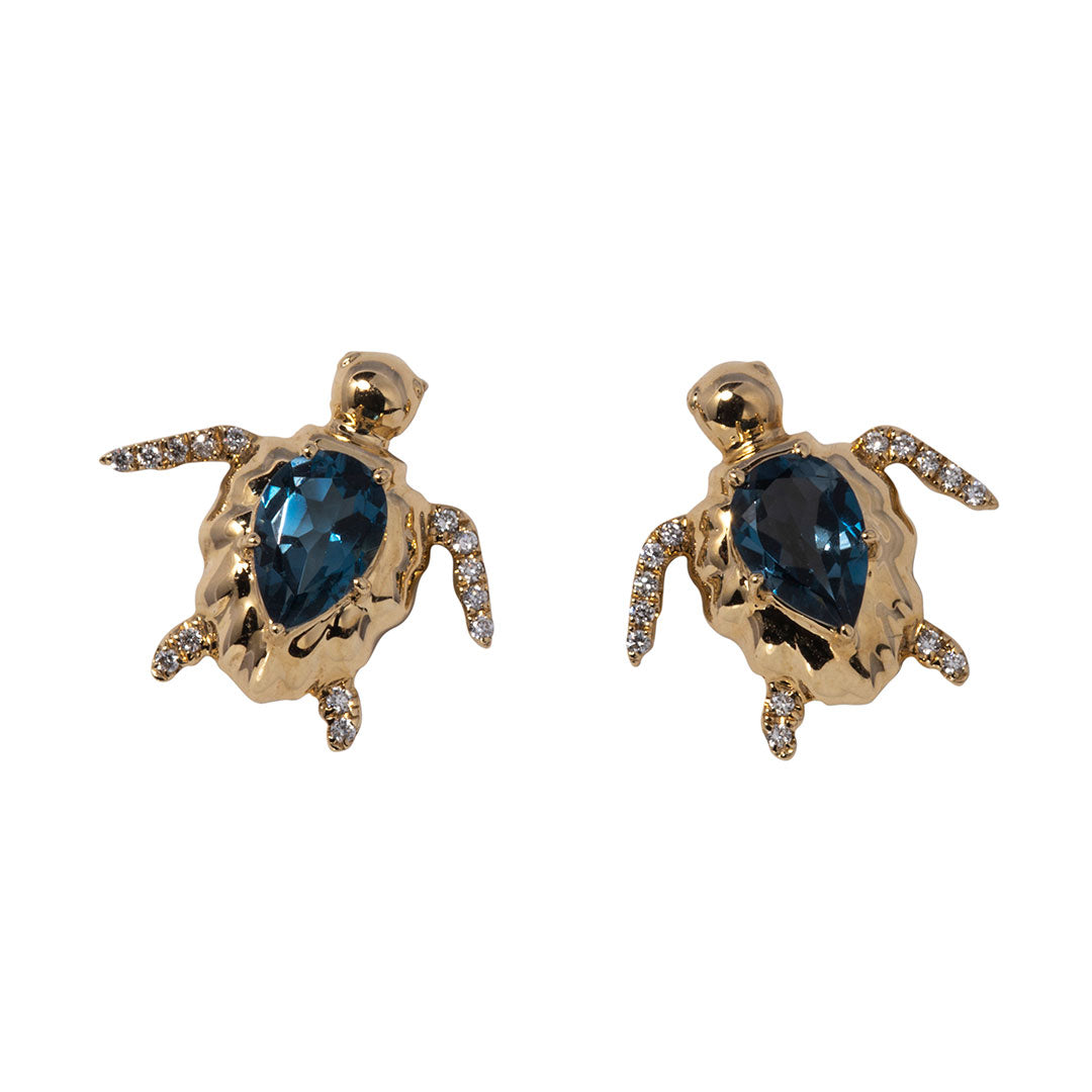 Blue Topaz & Diamond 18K Gold Sea Turtle Stud Earrings