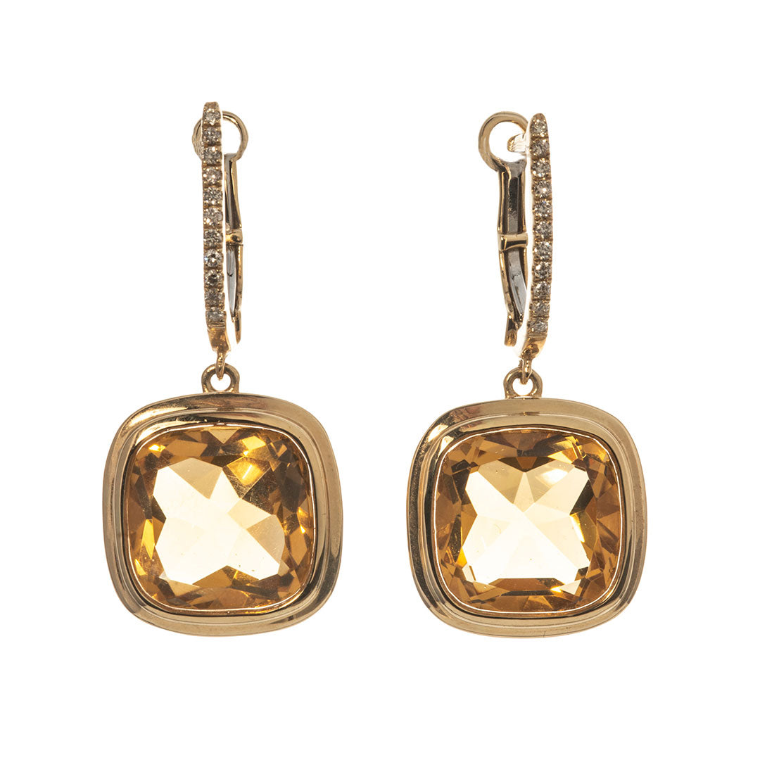 Cushion Citrine & Diamond Pavé 18K Yellow Gold Drop Earrings