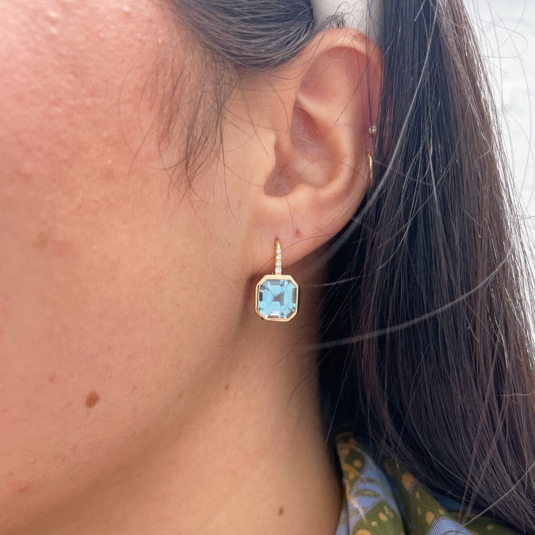 Goshwara Asscher Cut Blue Topaz & Diamond 18K Yellow Gold Earrings