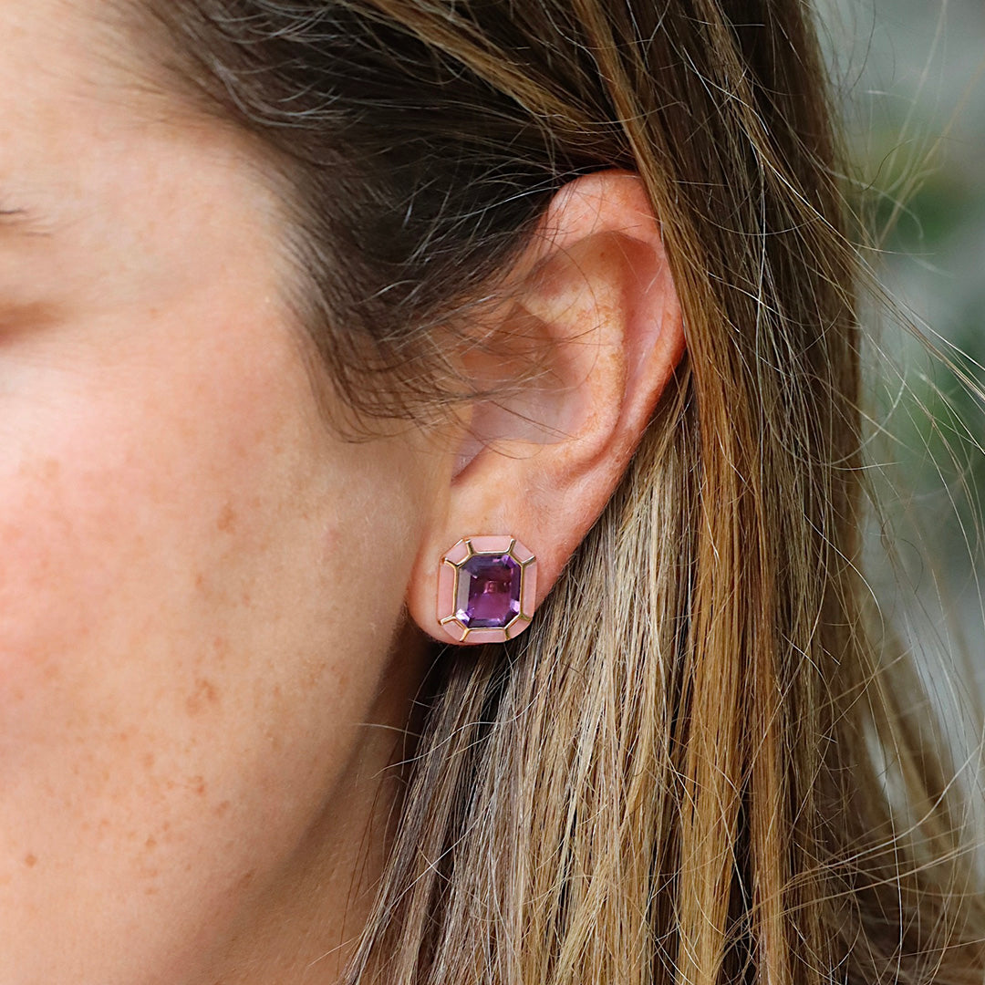 Goshwara Amethyst & Pink Opal Inlay 18K Gold Stud Earrings