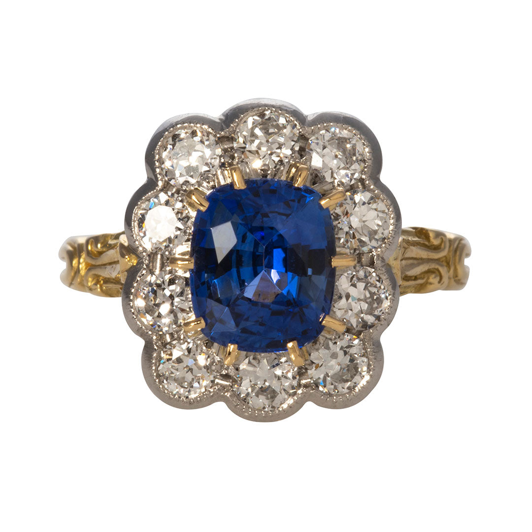 Victorian Style 2.37ct Cushion Sapphire & Diamond Cluster Ring