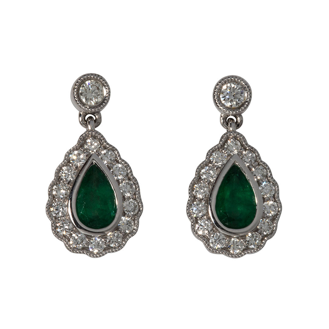 Pear Emerald & Diamond 18K White Gold Drop Earrings