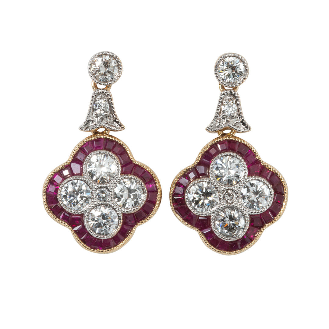 Ruby & Diamond Quatrefoil Drop 14K Gold Earrings