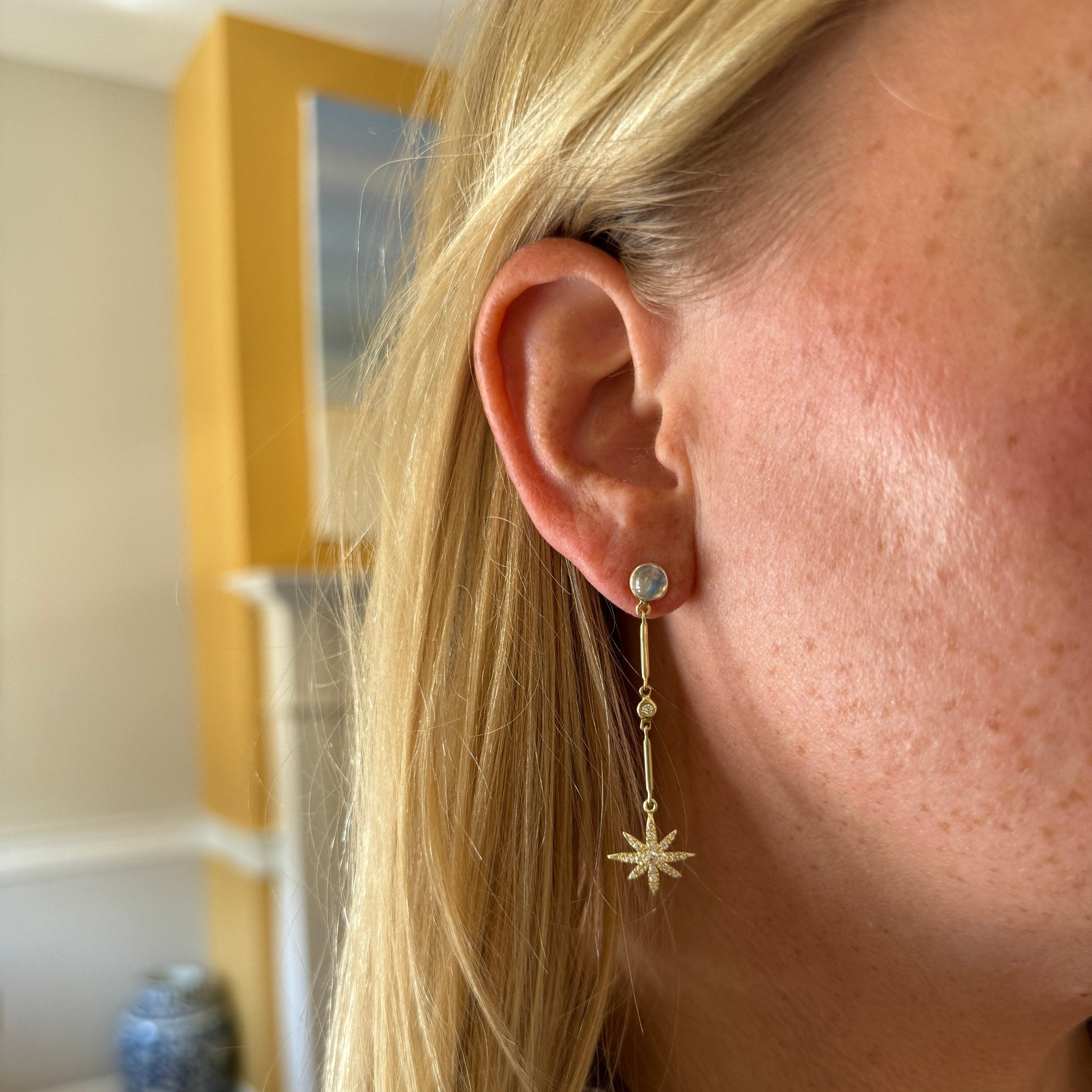 Mazza Moonstone & Diamond Starburst Drop 14K Gold Earrings