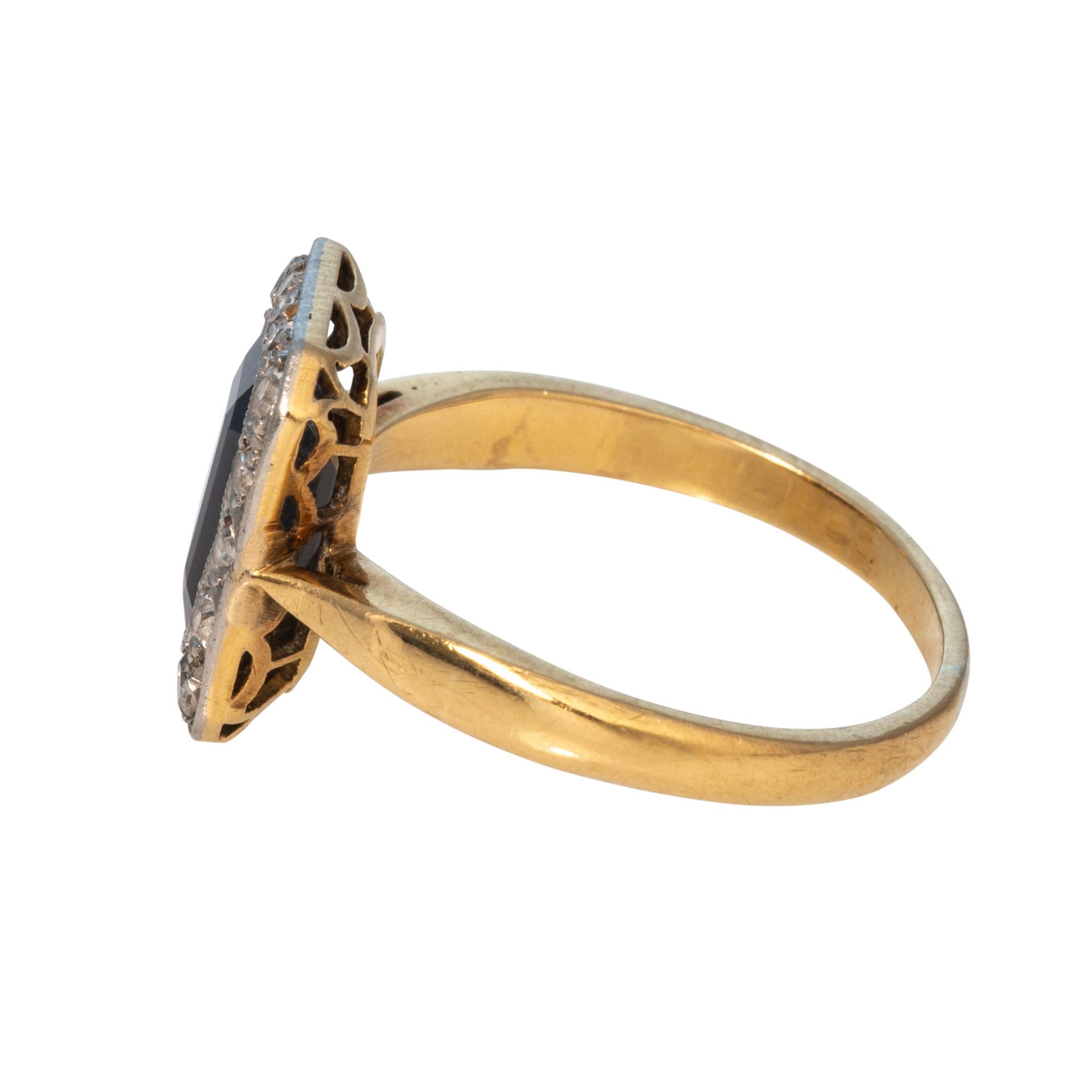 Edwardian Emerald-Cut Sapphire & Diamond Cluster Two-Tone Ring