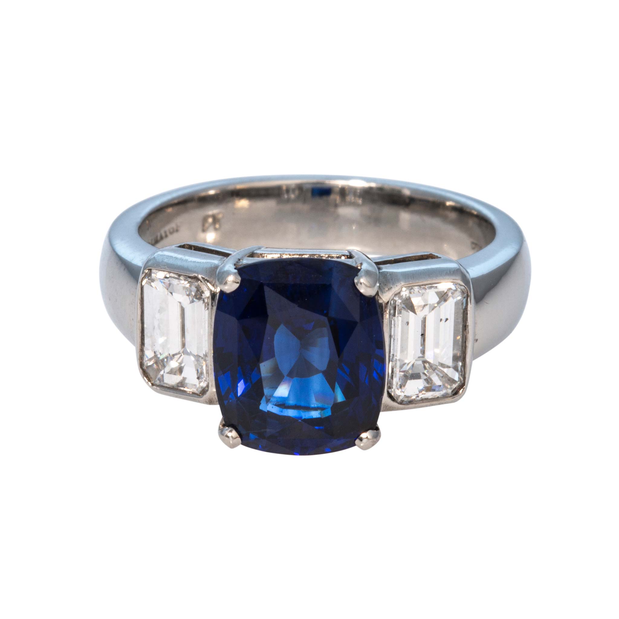 Estate Cushion Sapphire & Diamond Three-Stone Platinum Ring