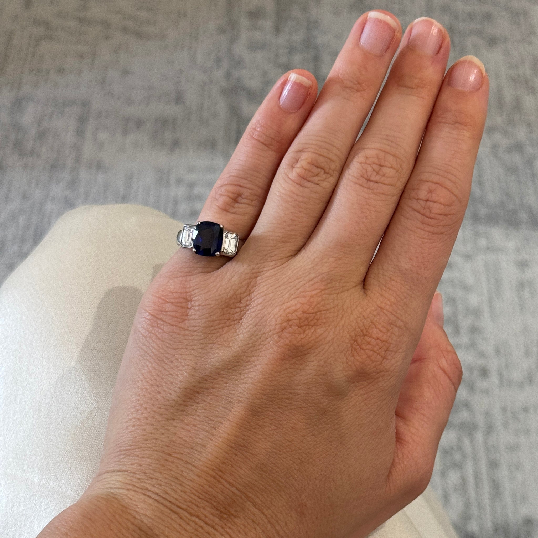 Estate Cushion Sapphire & Diamond Three-Stone Platinum Ring