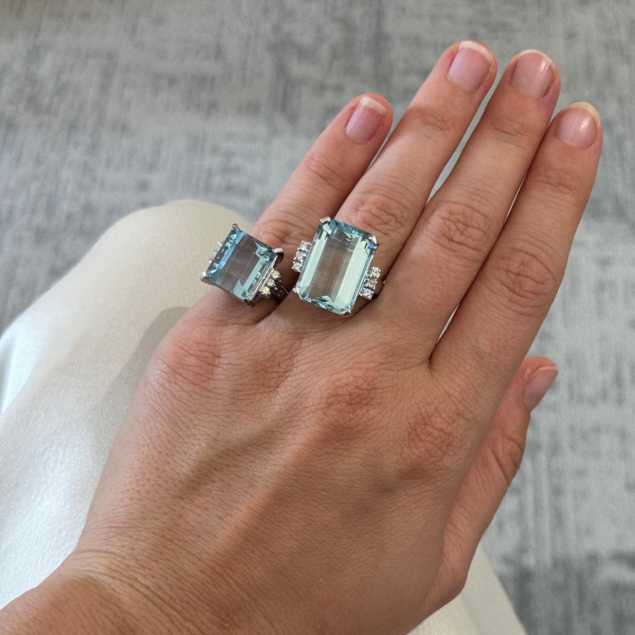 Vintage 11.80ct Emerald-Cut Aquamarine & Diamond Platinum Ring, Vintage 14.84ct Emerald-Cut Aquamarine & Diamond 14K Gold Ring