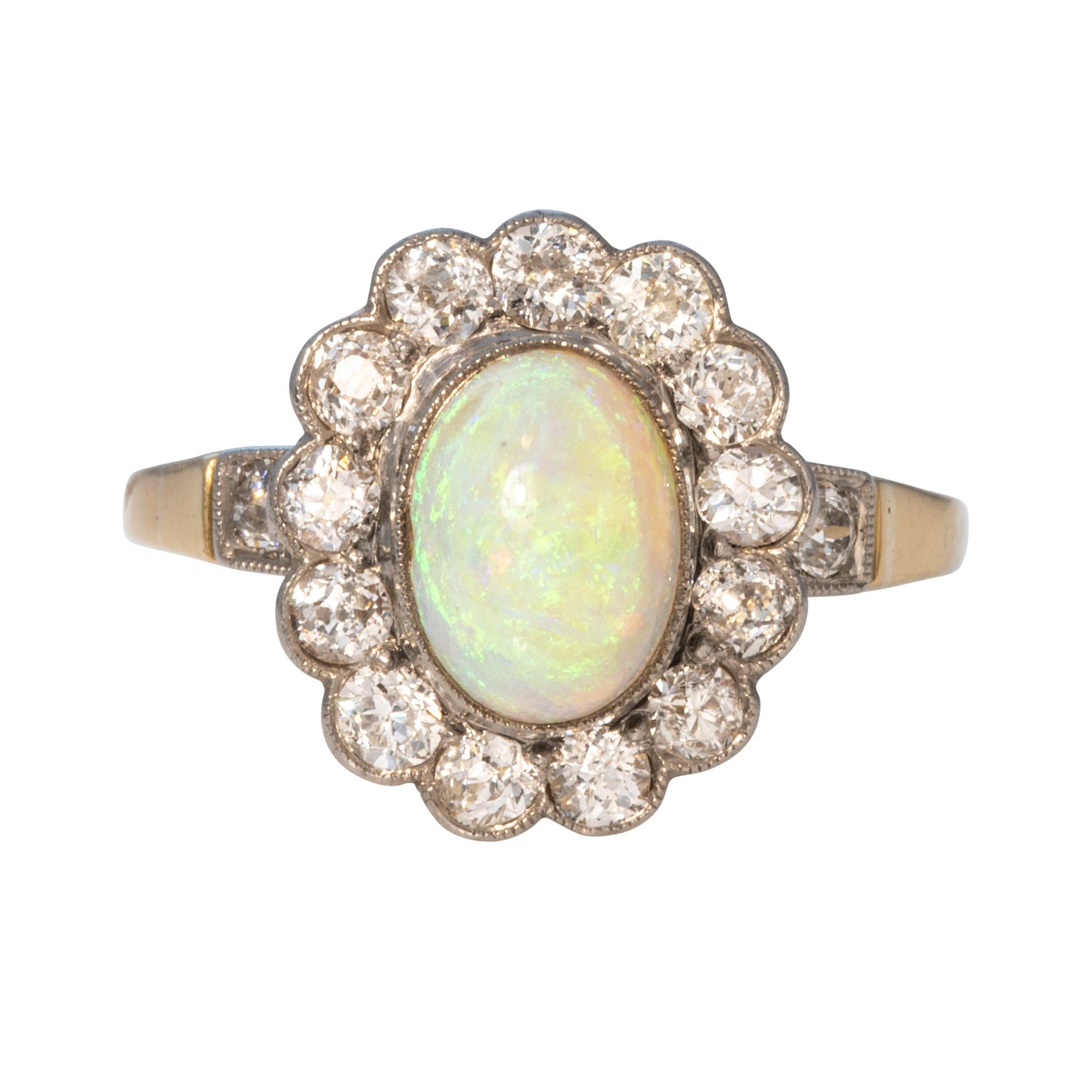 Victorian 2ct Oval Opal & Diamond Scalloped Cluster Ring