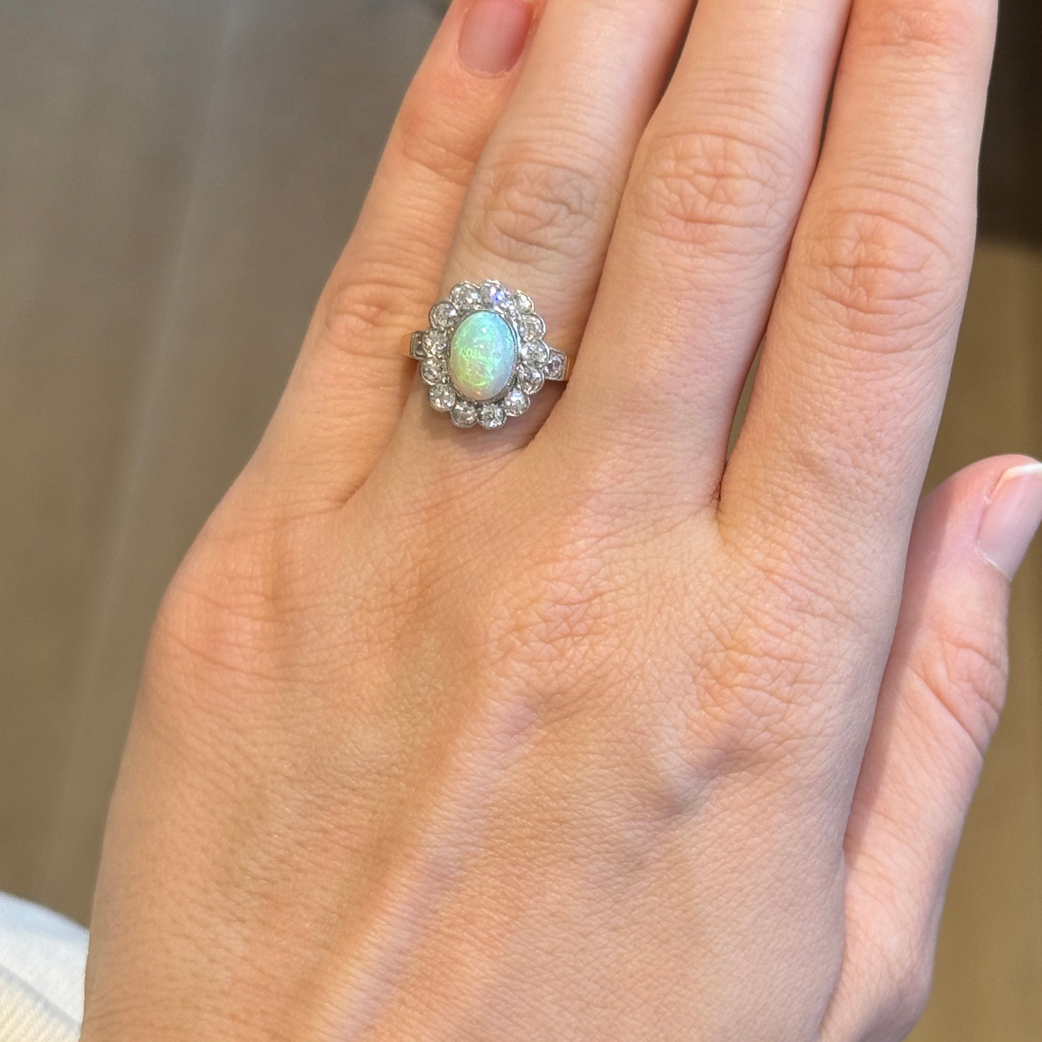 Victorian 2ct Oval Opal & Diamond Scalloped Cluster Ring