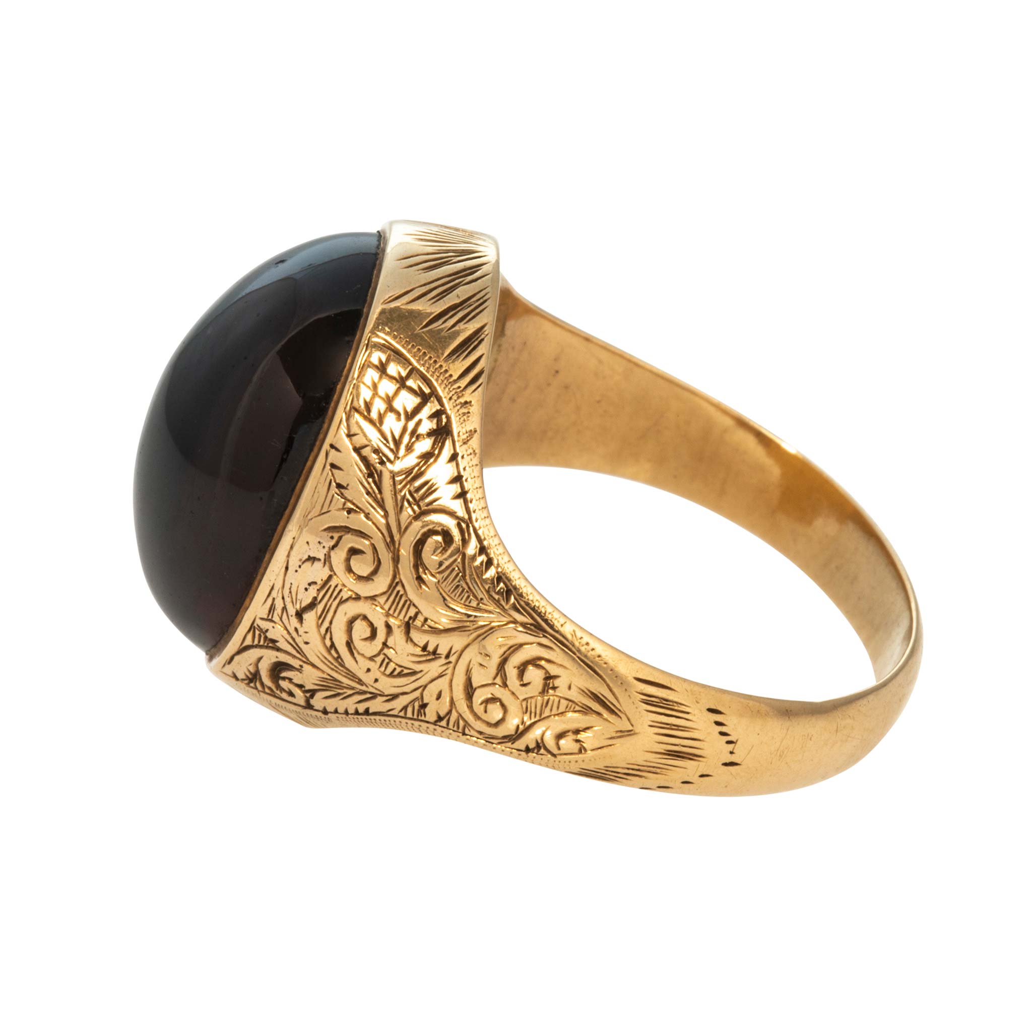 Victorian Garnet Cabochon Engraved 15K Gold Ring