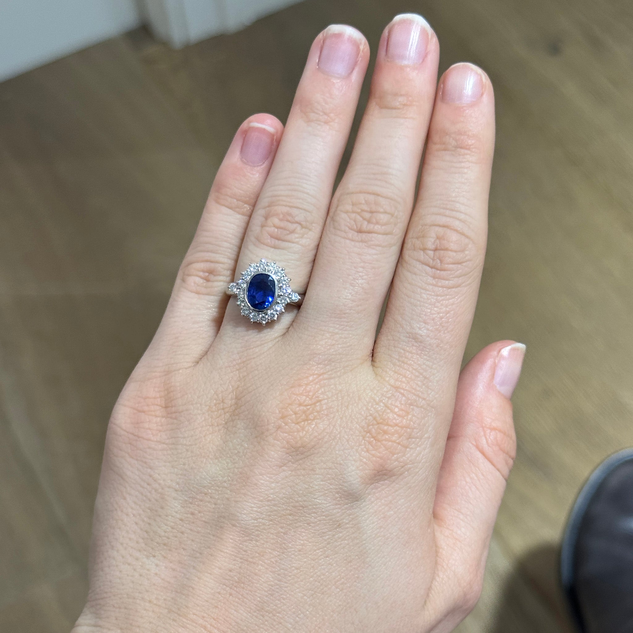 Estate Oval Sapphire & Diamond Cluster Platinum Ring