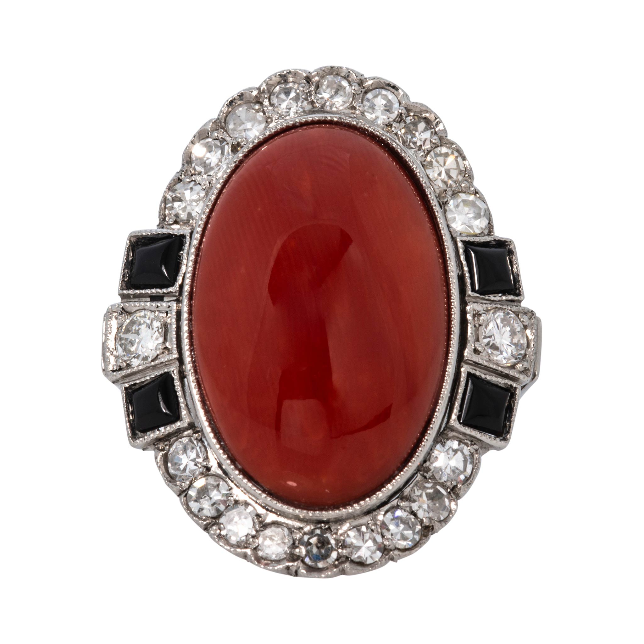 Art Deco Style Coral, Diamond & Onyx Platinum Cocktail Ring