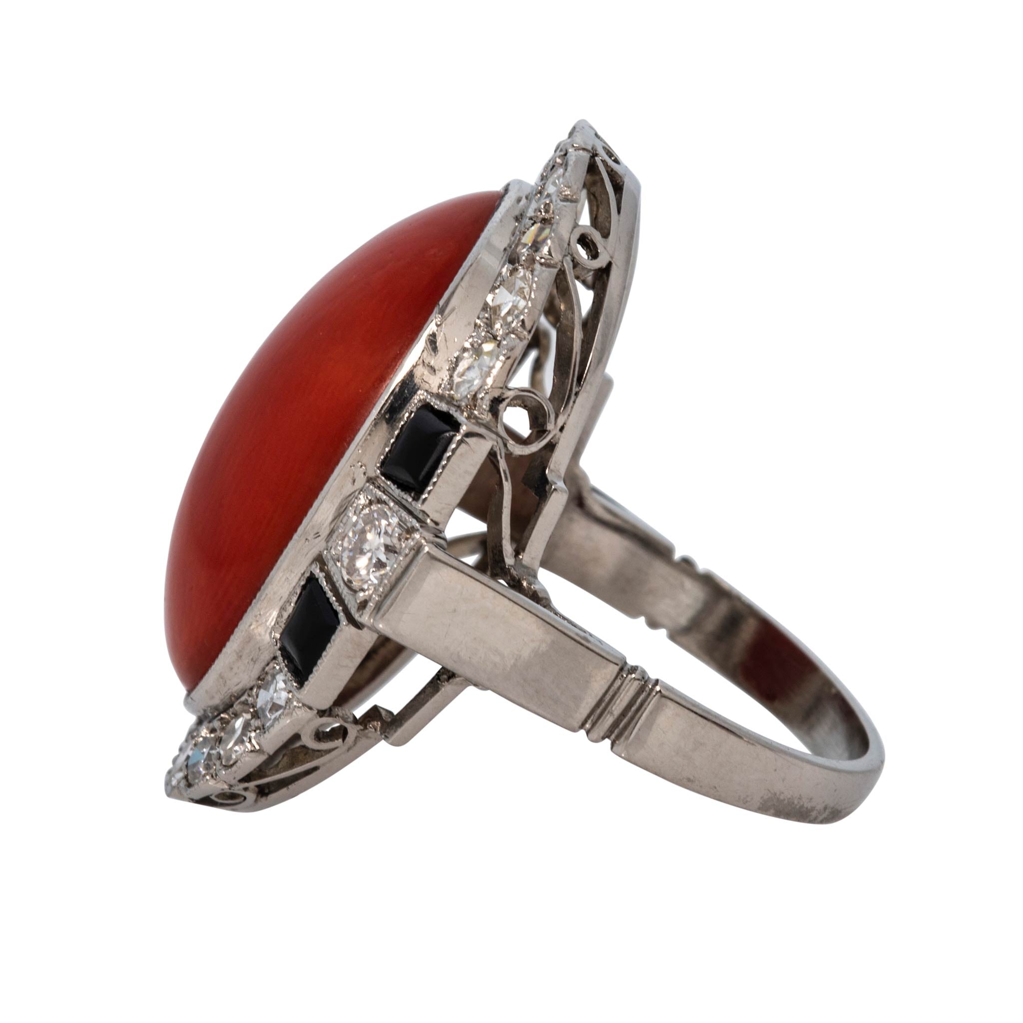 Art Deco Style Coral, Diamond & Onyx Platinum Cocktail Ring