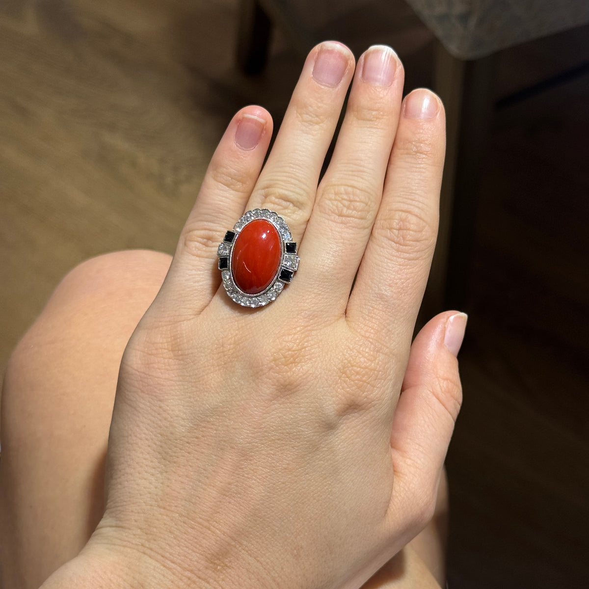 Art Deco Style Coral, Diamond & Onyx Platinum Cocktail Ring