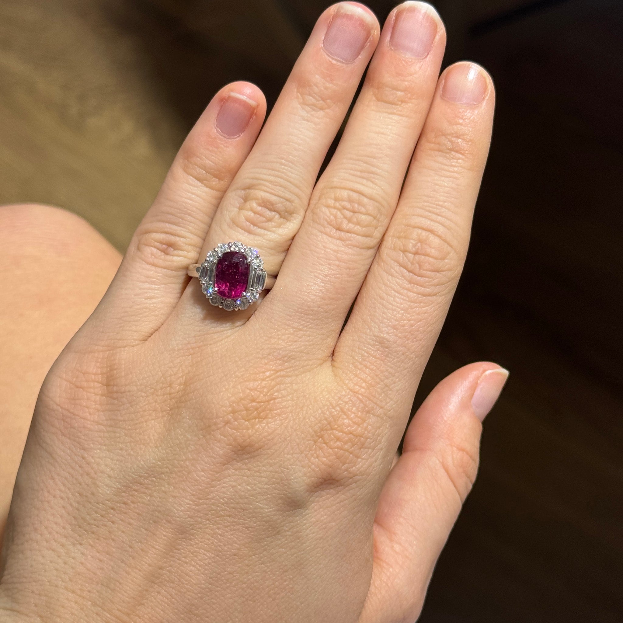 Estate Rubellite & Diamond Cluster Platinum Ring