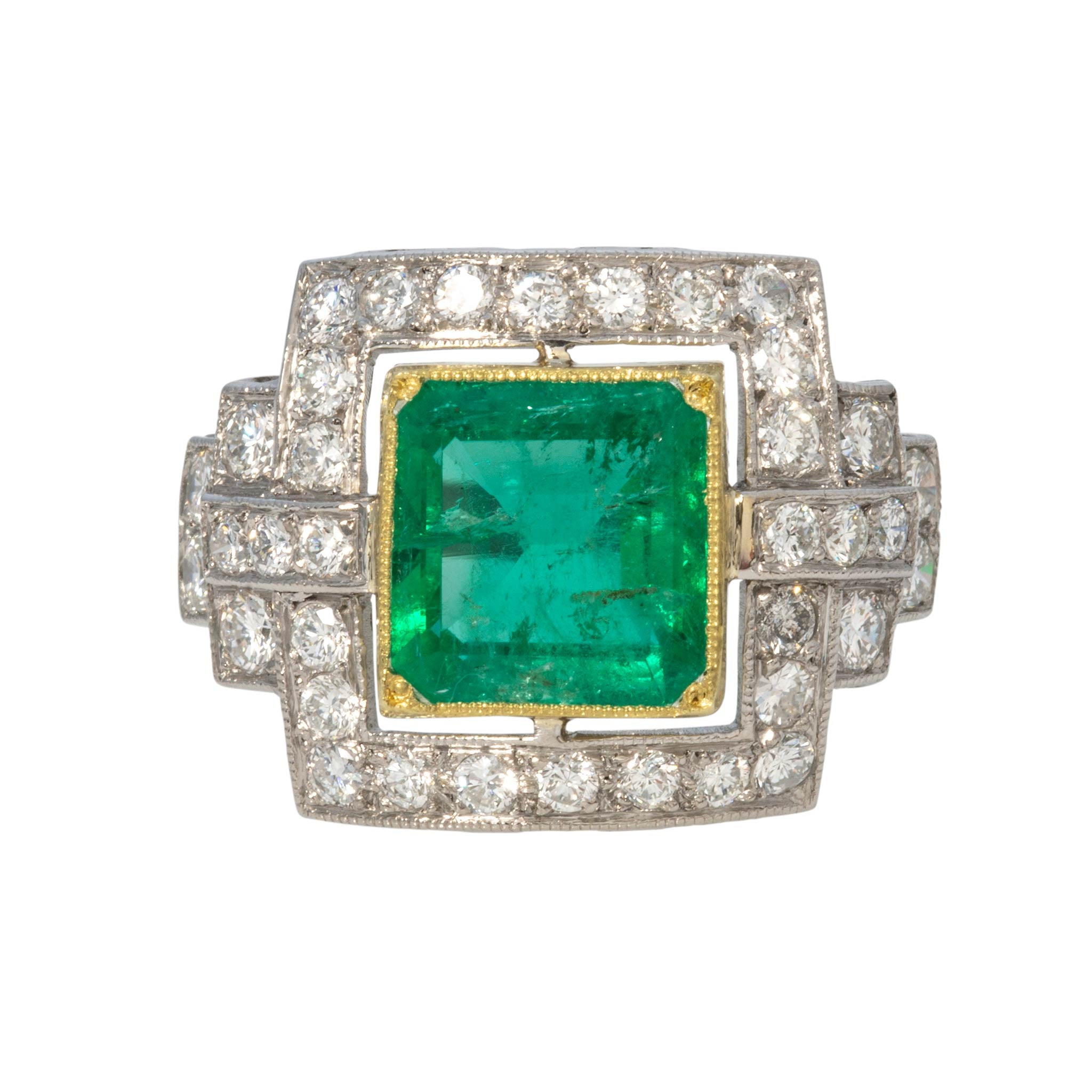 Art Deco Style 2ct Emerald Gold Bezel & Diamond Platinum Ring
