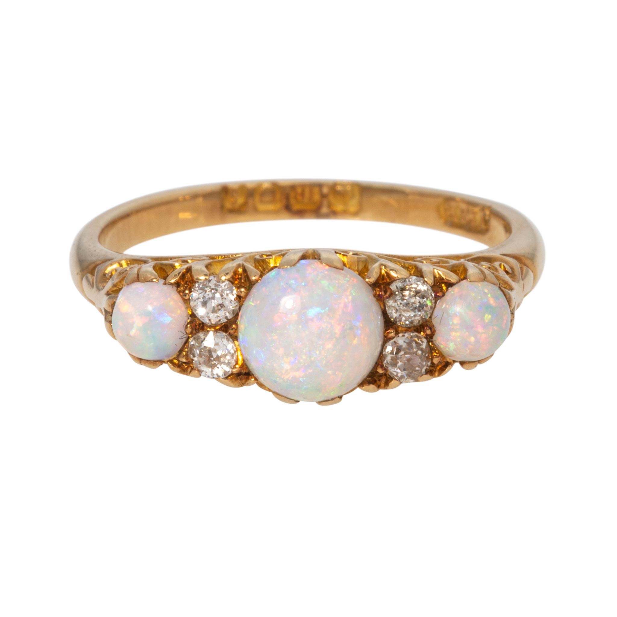 Victorian Round Opal 3-Stone & Diamond 18K Yellow Gold Ring