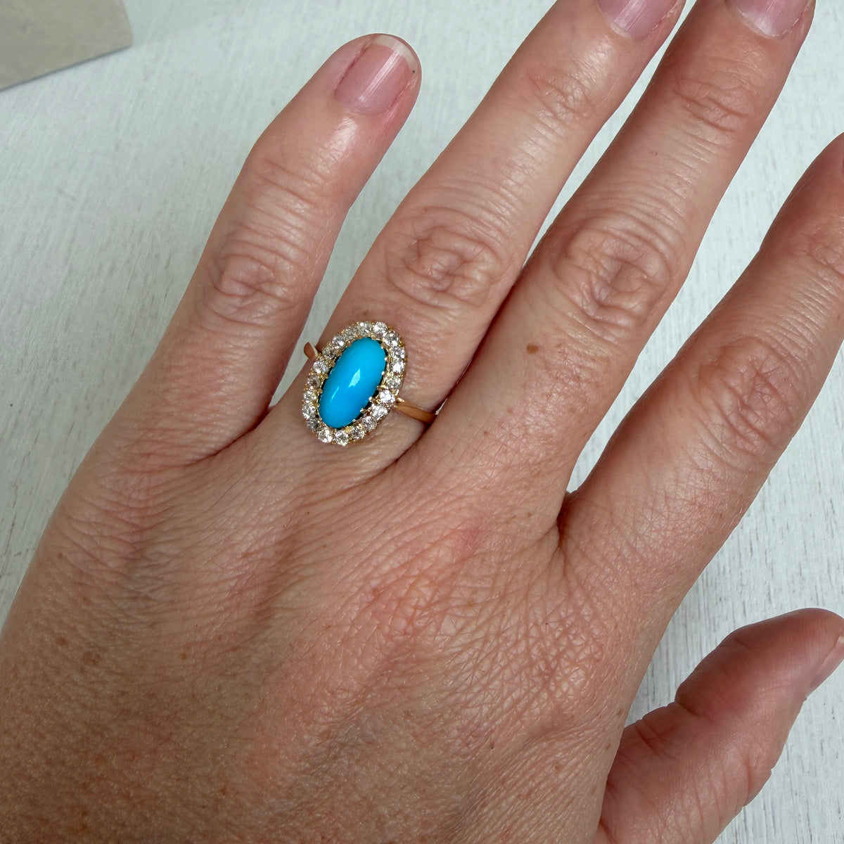 Victorian Oval Turquoise Cabochon & Diamond Halo 14K Gold Ring