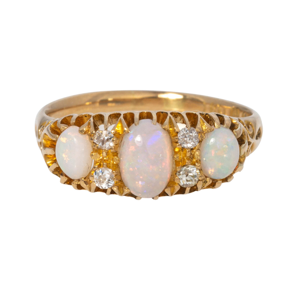 Victorian Opal 3-Stone & Diamond 18K Yellow Gold Ring