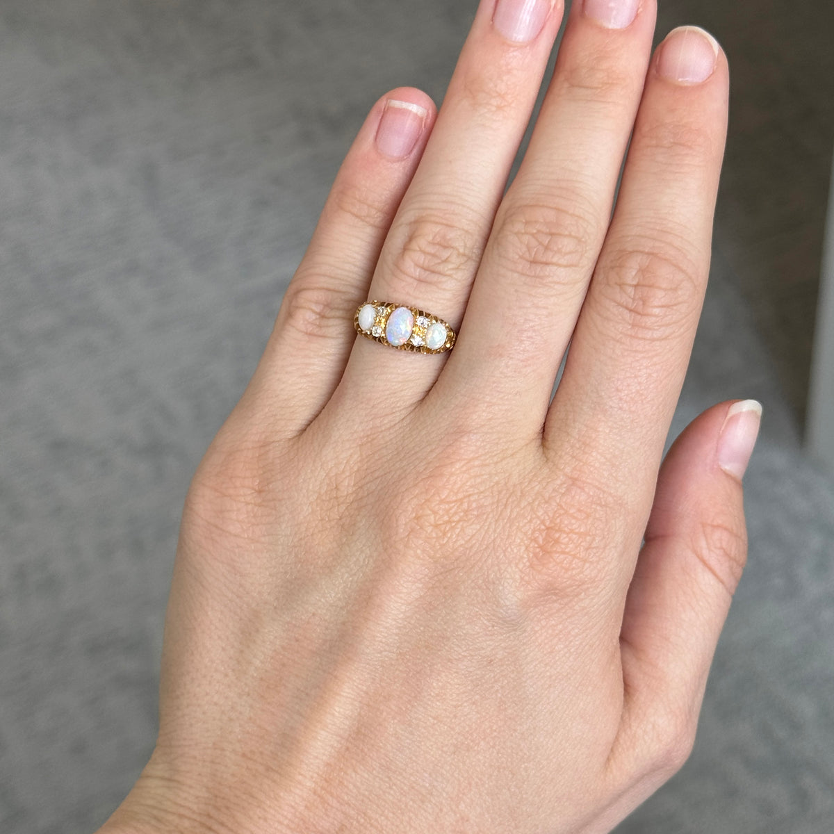Victorian Opal 3-Stone & Diamond 18K Yellow Gold Ring