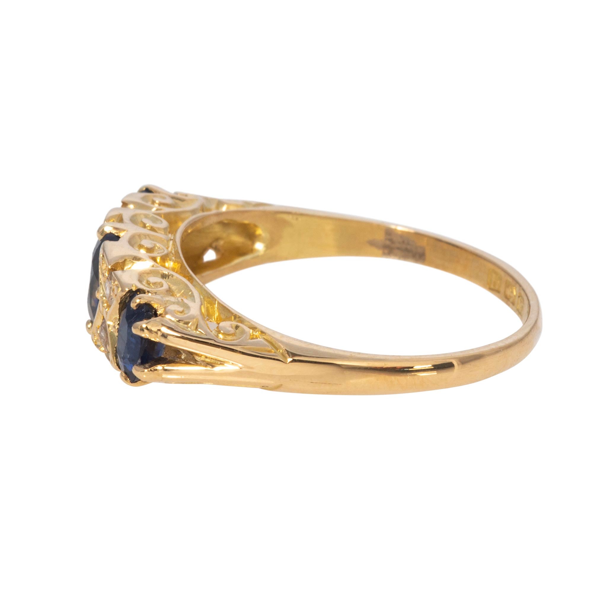 Victorian Three-Stone Sapphire & Diamond 18K Yellow Gold Ring