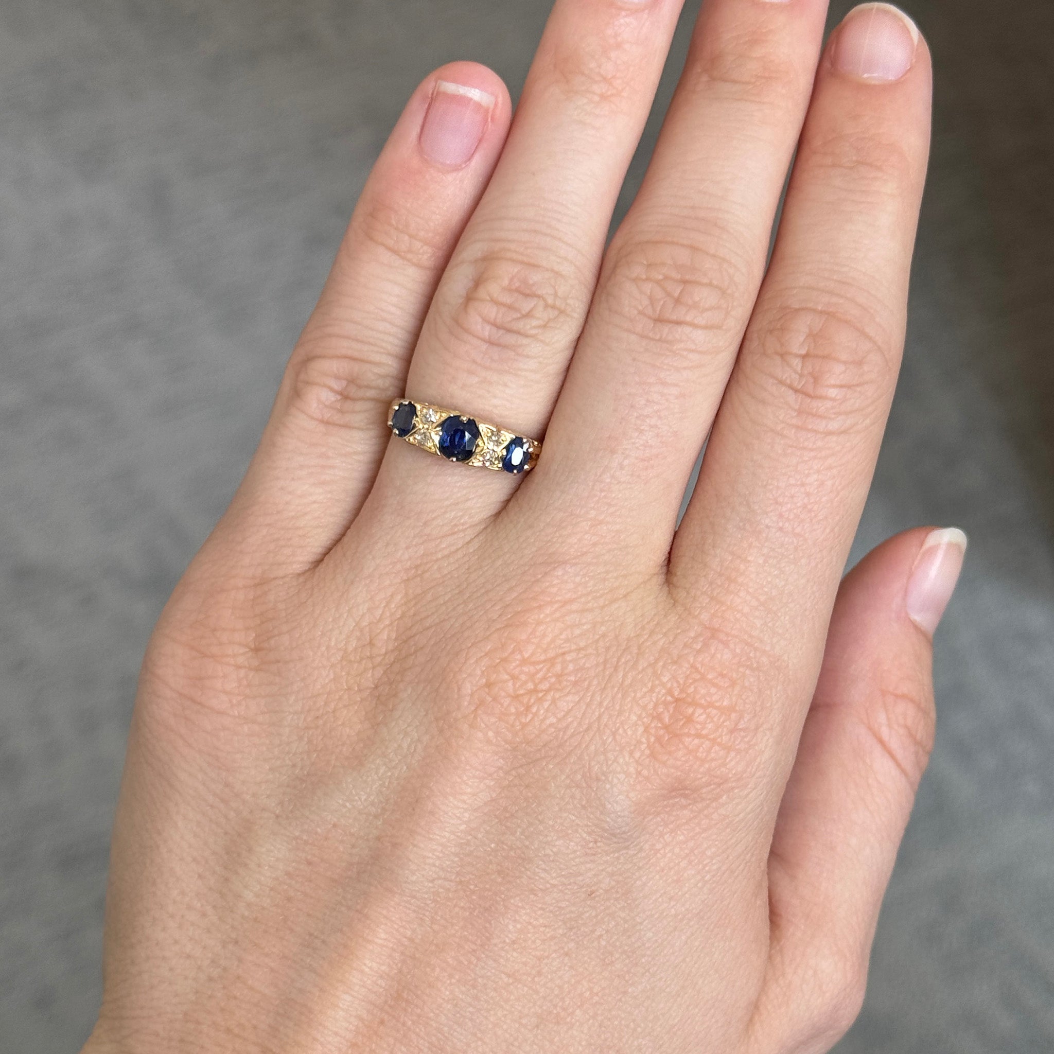 Victorian Three-Stone Sapphire & Diamond 18K Yellow Gold Ring