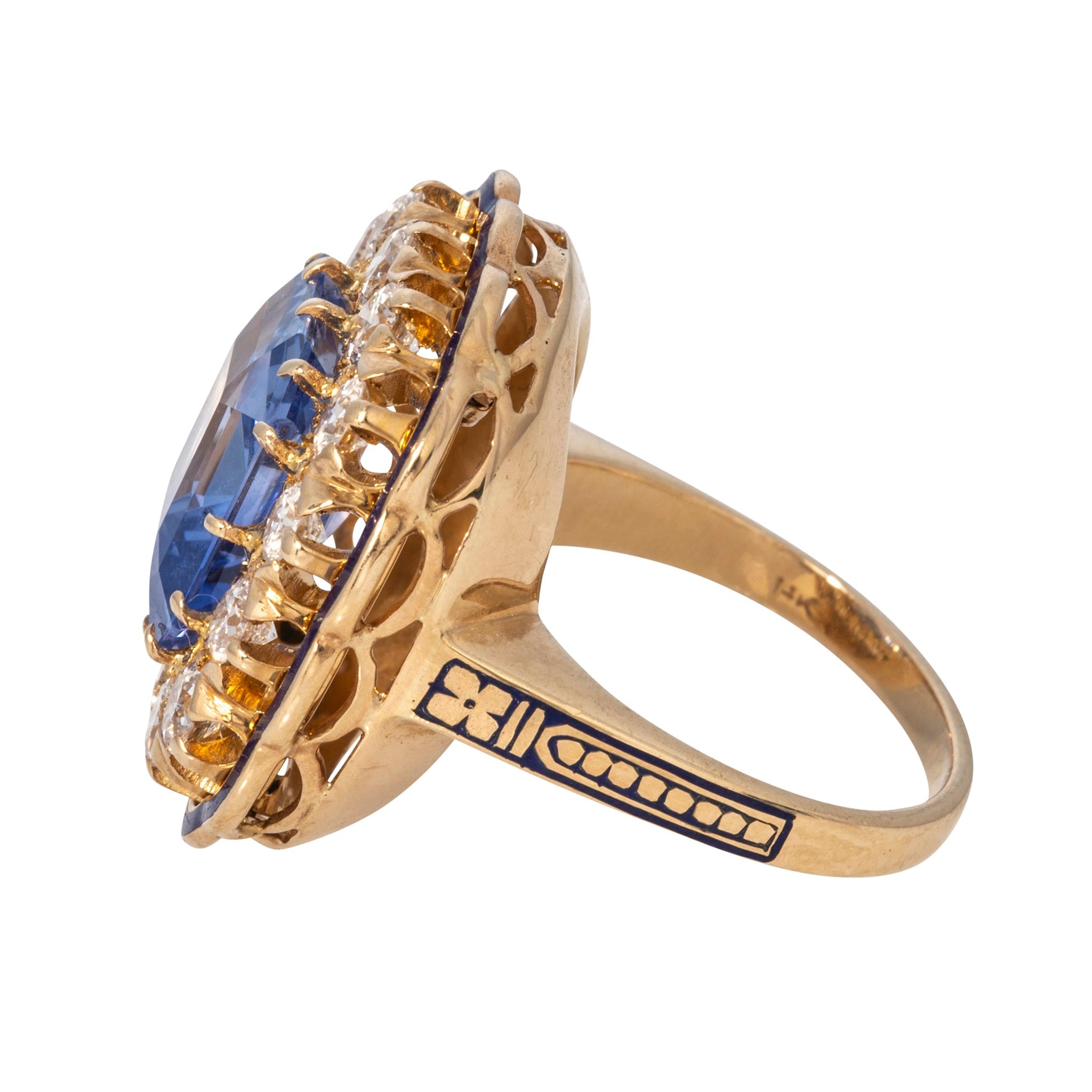 Estate 6.57ctw No Heat Sapphire, Diamond & Enamel 14K Gold Ring
