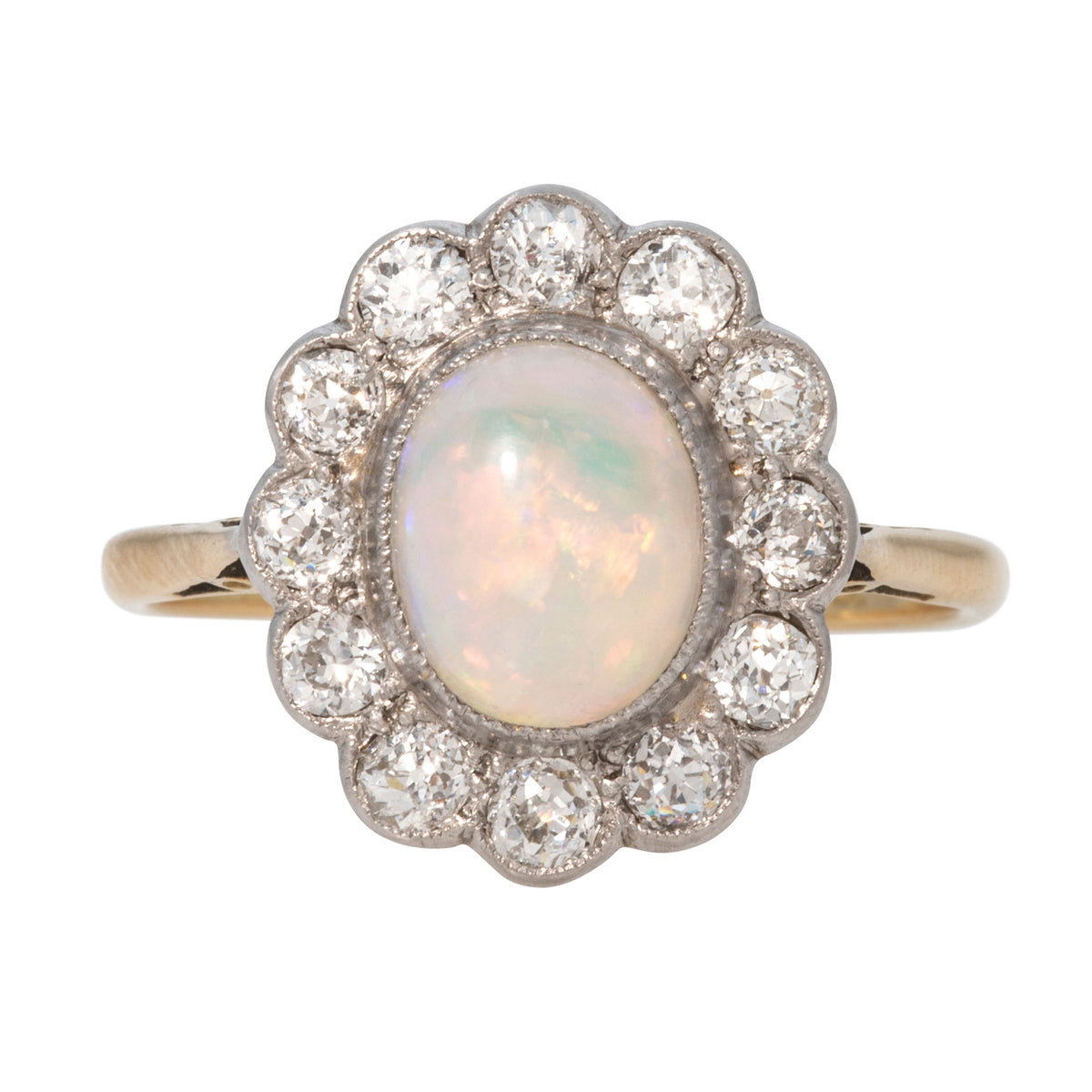 Edwardian 1.3ct Oval Opal & 1.2ctw Diamond Scalloped Cluster Ring