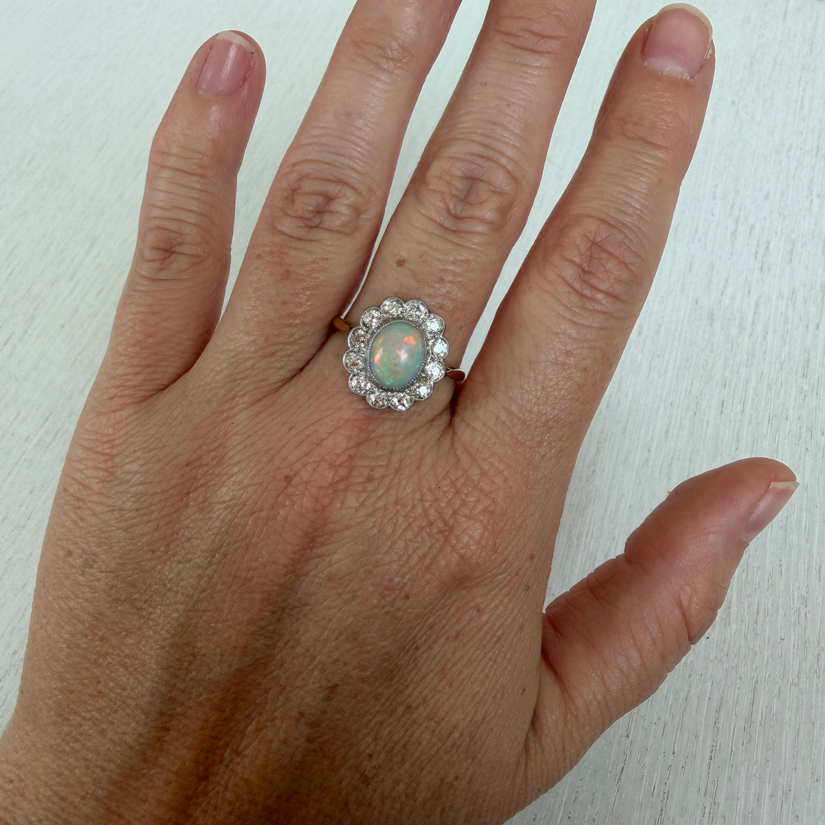 Edwardian 1.3ct Oval Opal & 1.2ctw Diamond Scalloped Cluster Ring